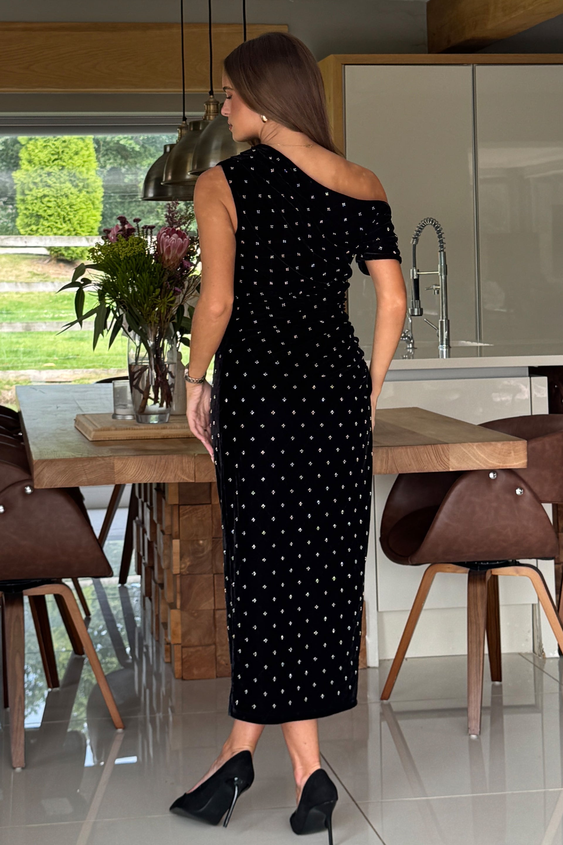 Donna Asymmetric Neckline Midi Dress Beaded Velvet
