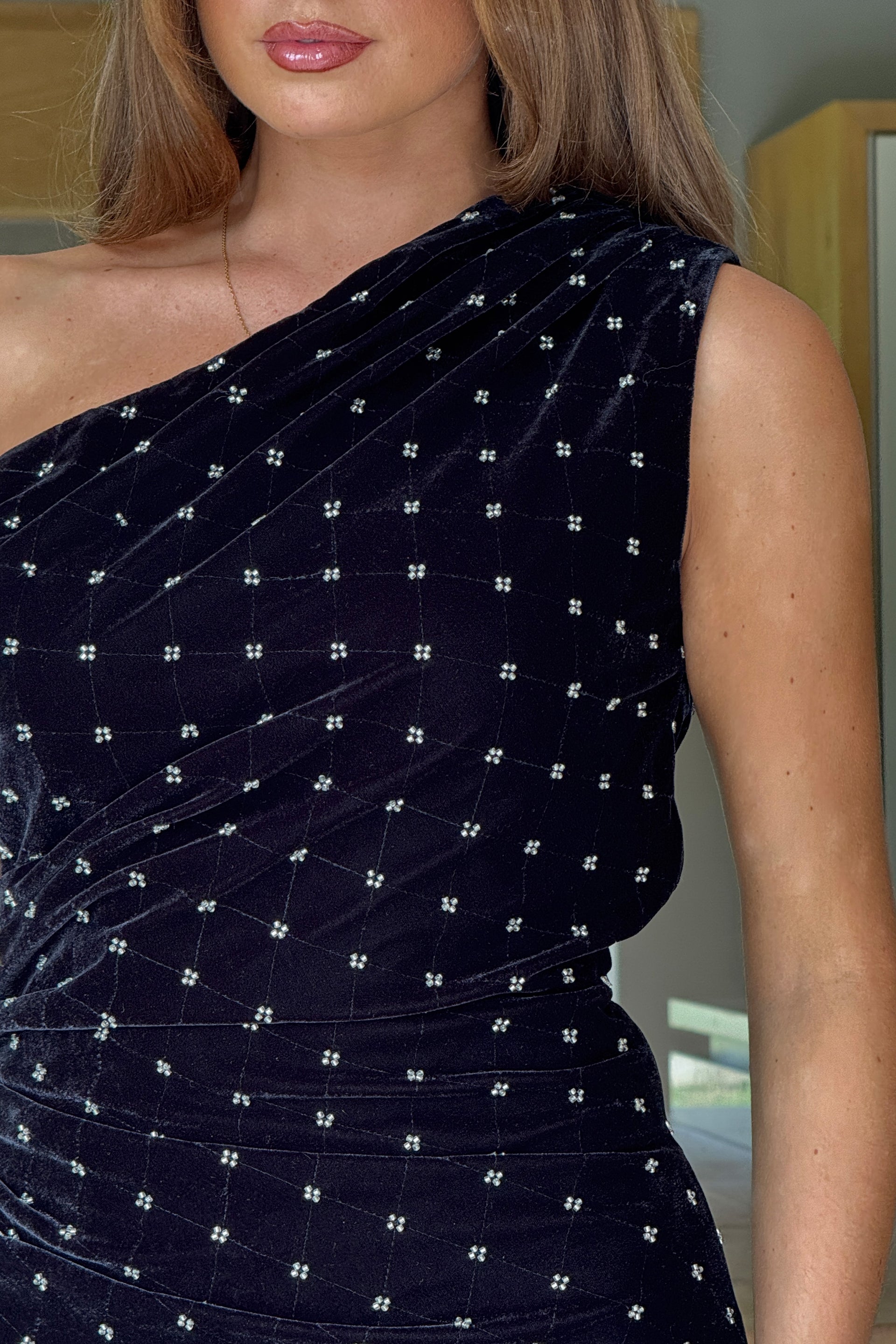 Donna Asymmetric Neckline Midi Dress Beaded Velvet