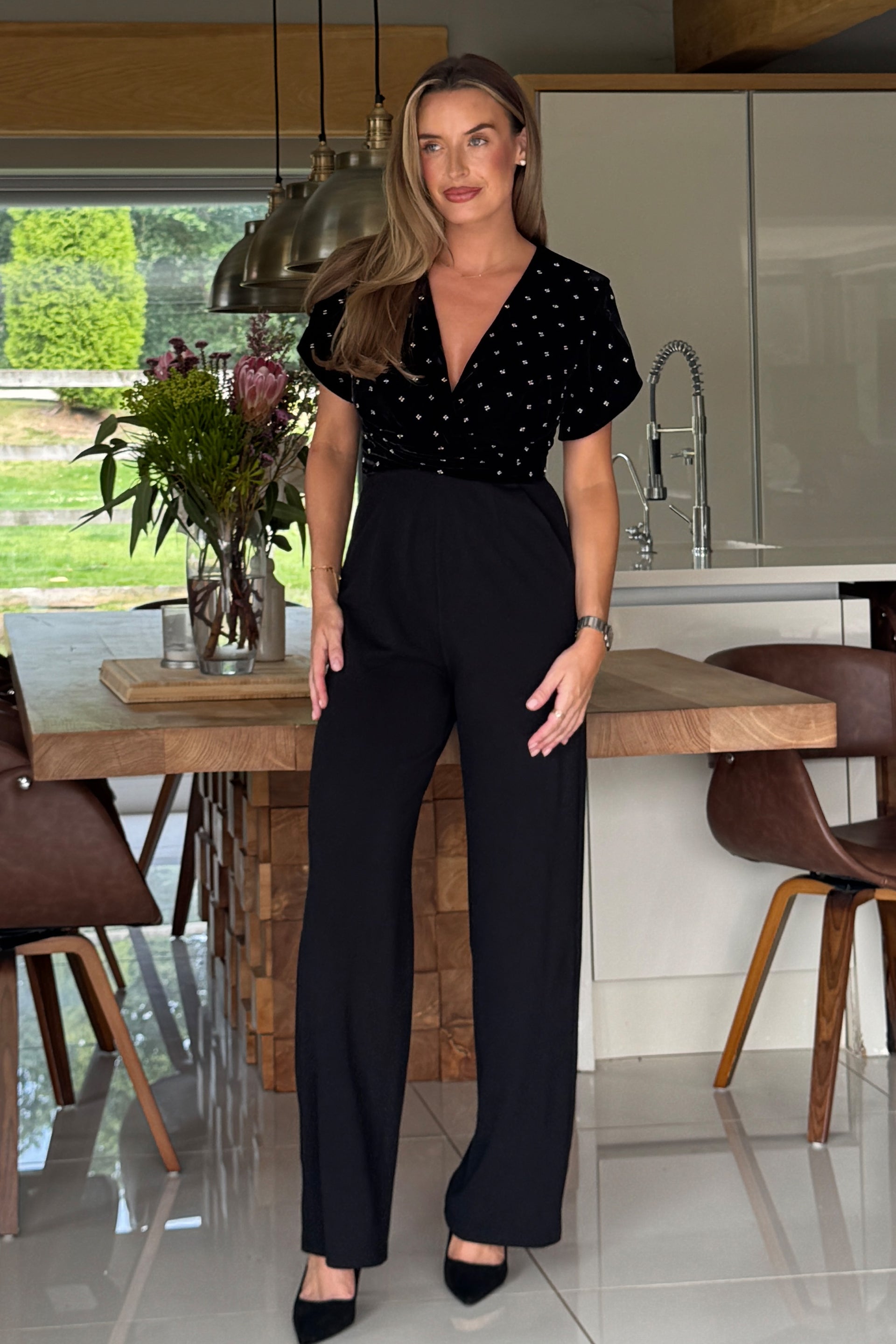 Bridget Twist Font Split Arm Jumpsuit Beaded Velvet