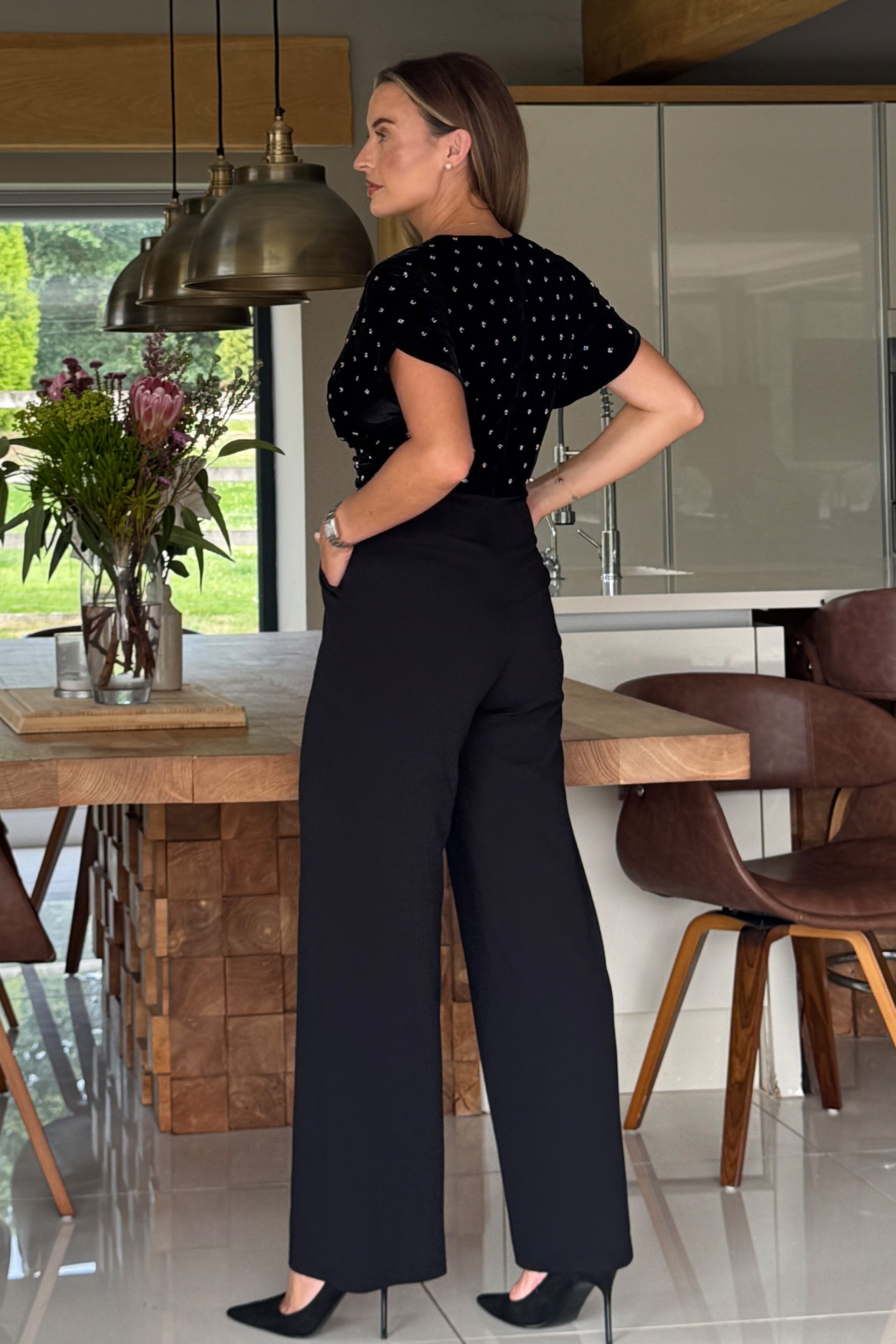 Bridget Twist Font Split Arm Jumpsuit Beaded Velvet