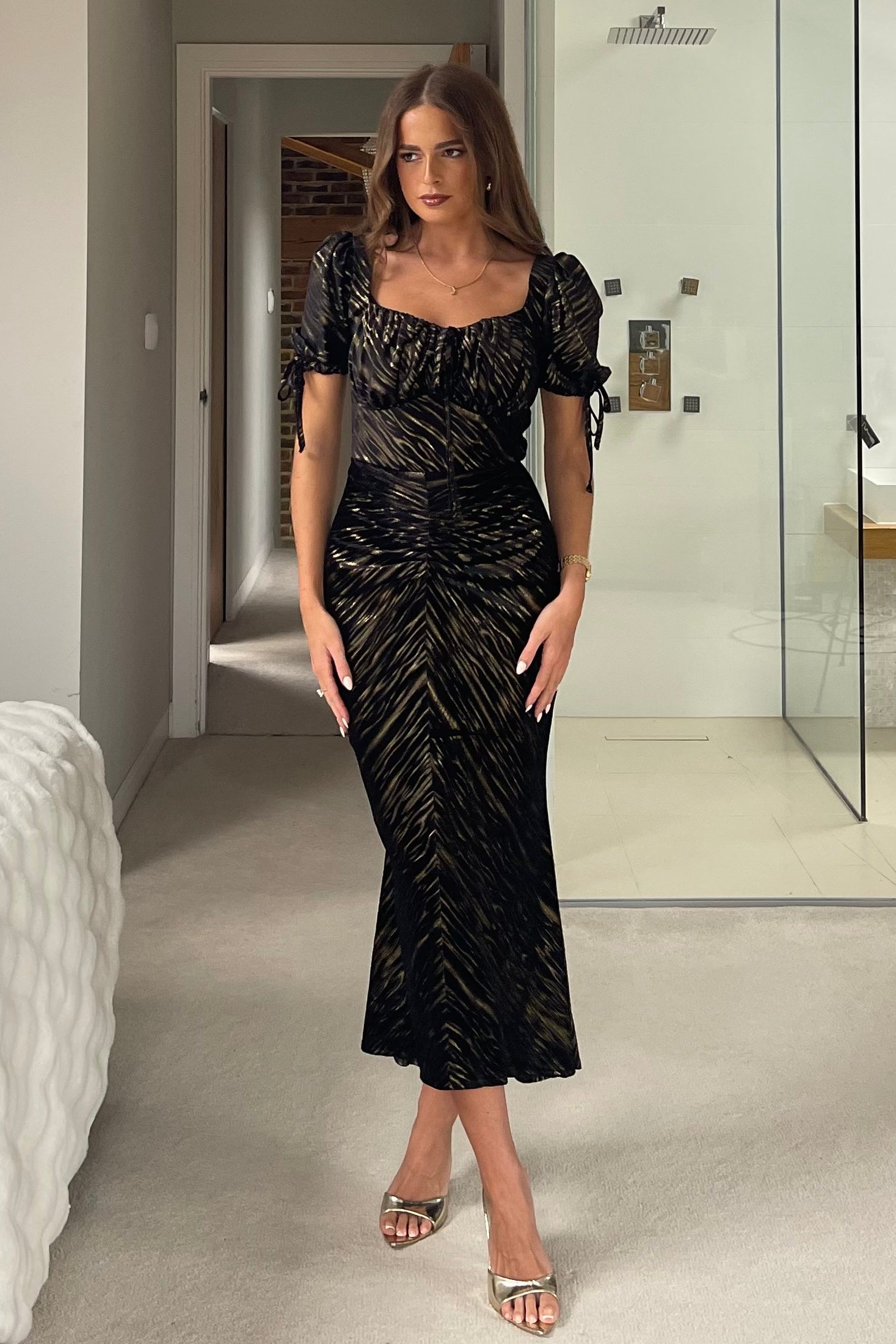 Dove Ruched Detail Velvet Midi Dress Black And Gold