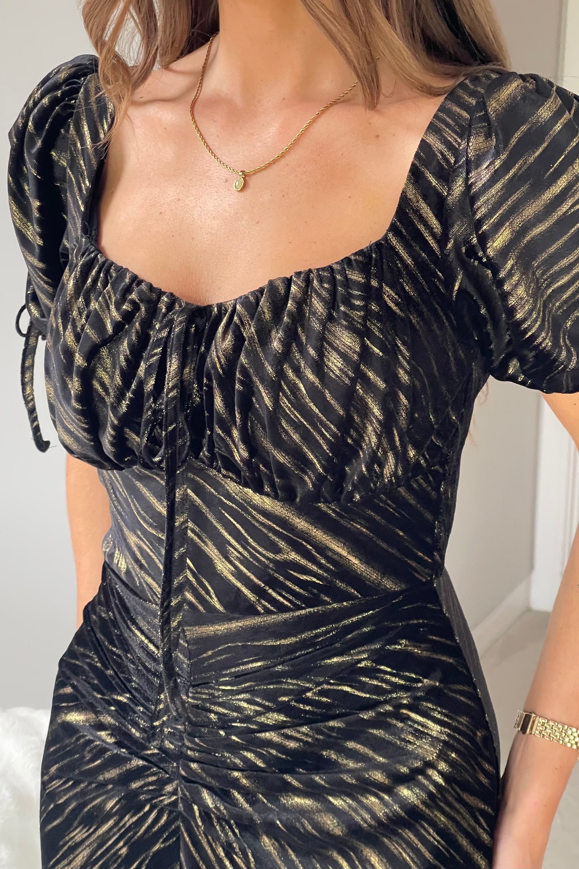 Dove Ruched Detail Velvet Midi Dress Black And Gold
