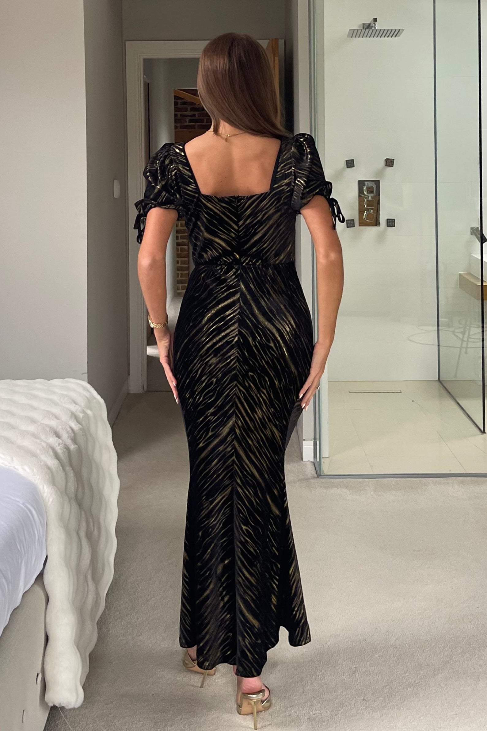 Dove Ruched Detail Velvet Midi Dress Black And Gold