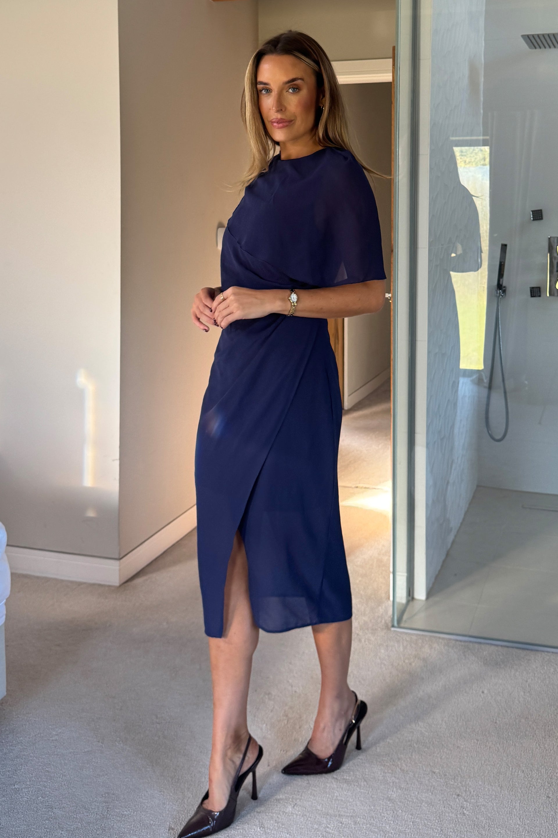 Vivienne Cape Detail Wrap Skirt Midi Dress Navy