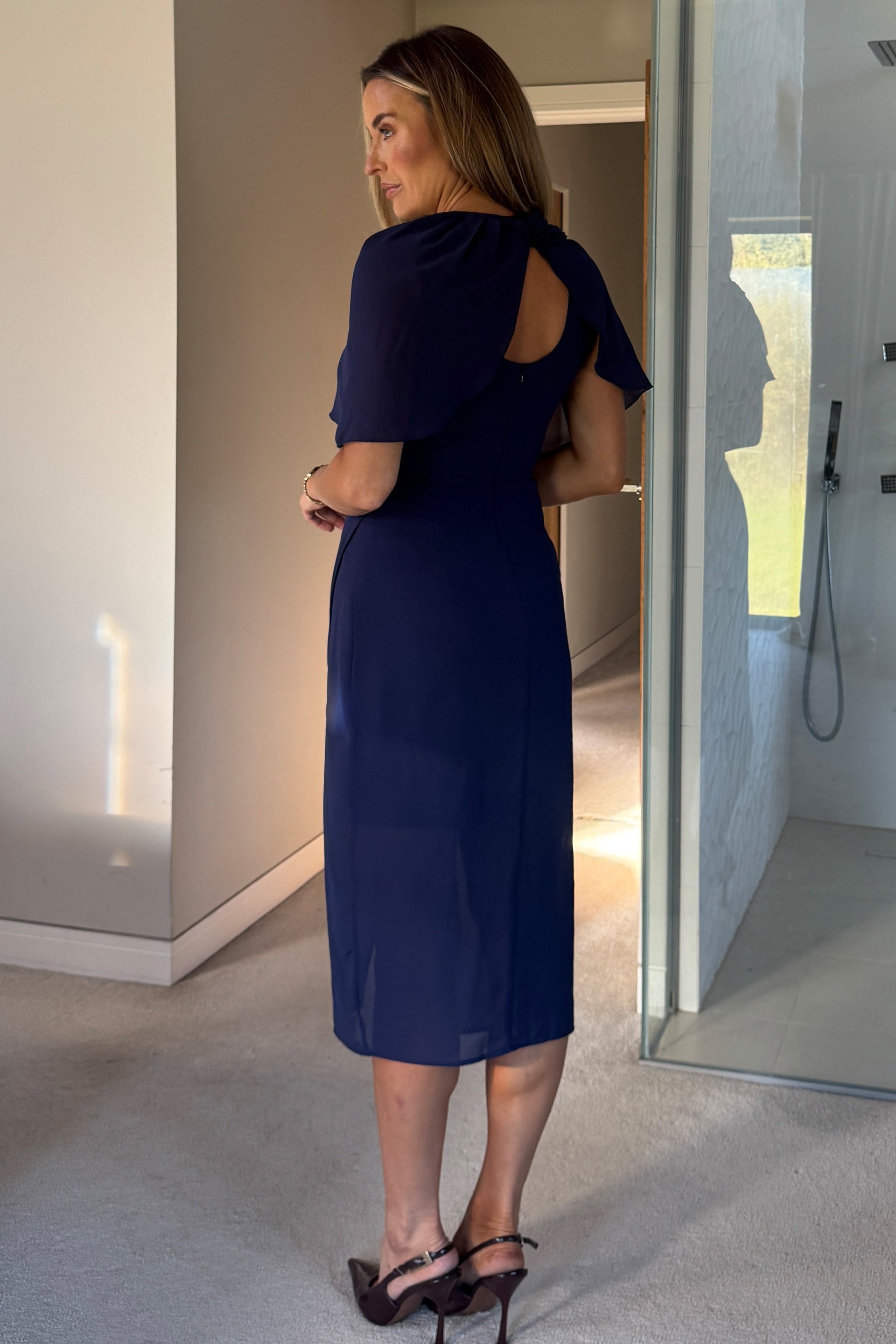 Vivienne Cape Detail Wrap Skirt Midi Dress Navy