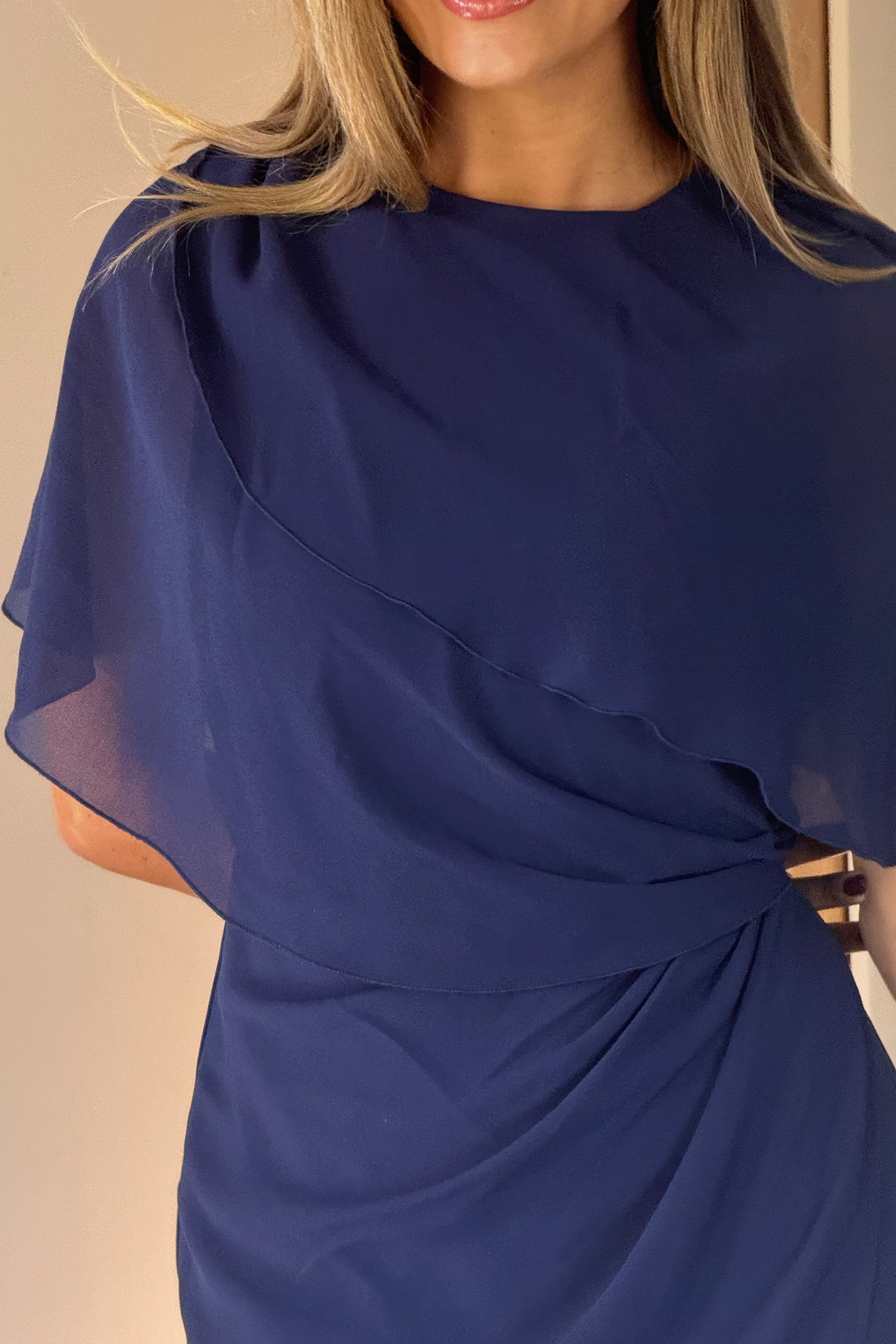 Vivienne Cape Detail Wrap Skirt Midi Dress Navy