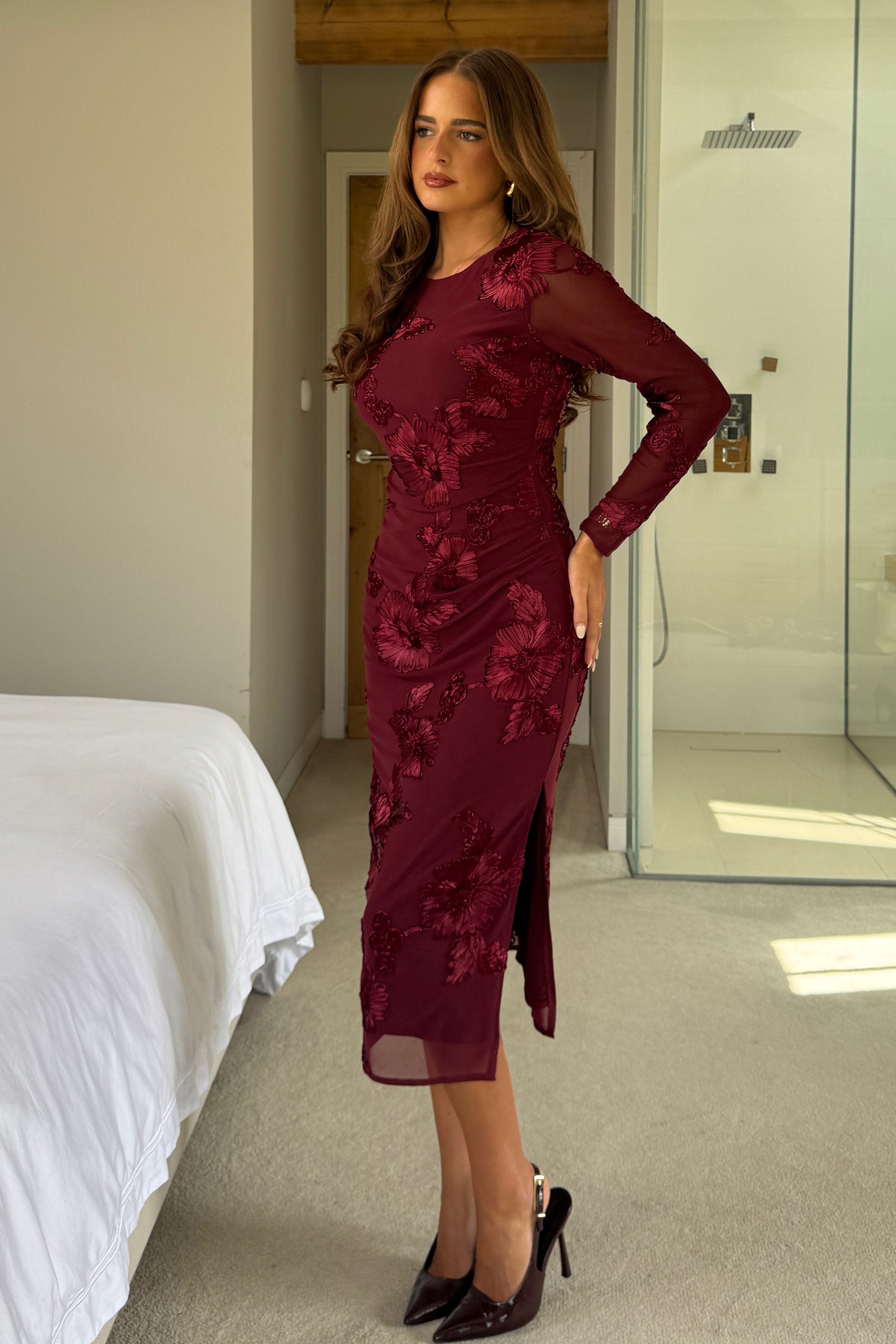 Elodie Floral Embroidered Mesh Bodycon Dress Plum