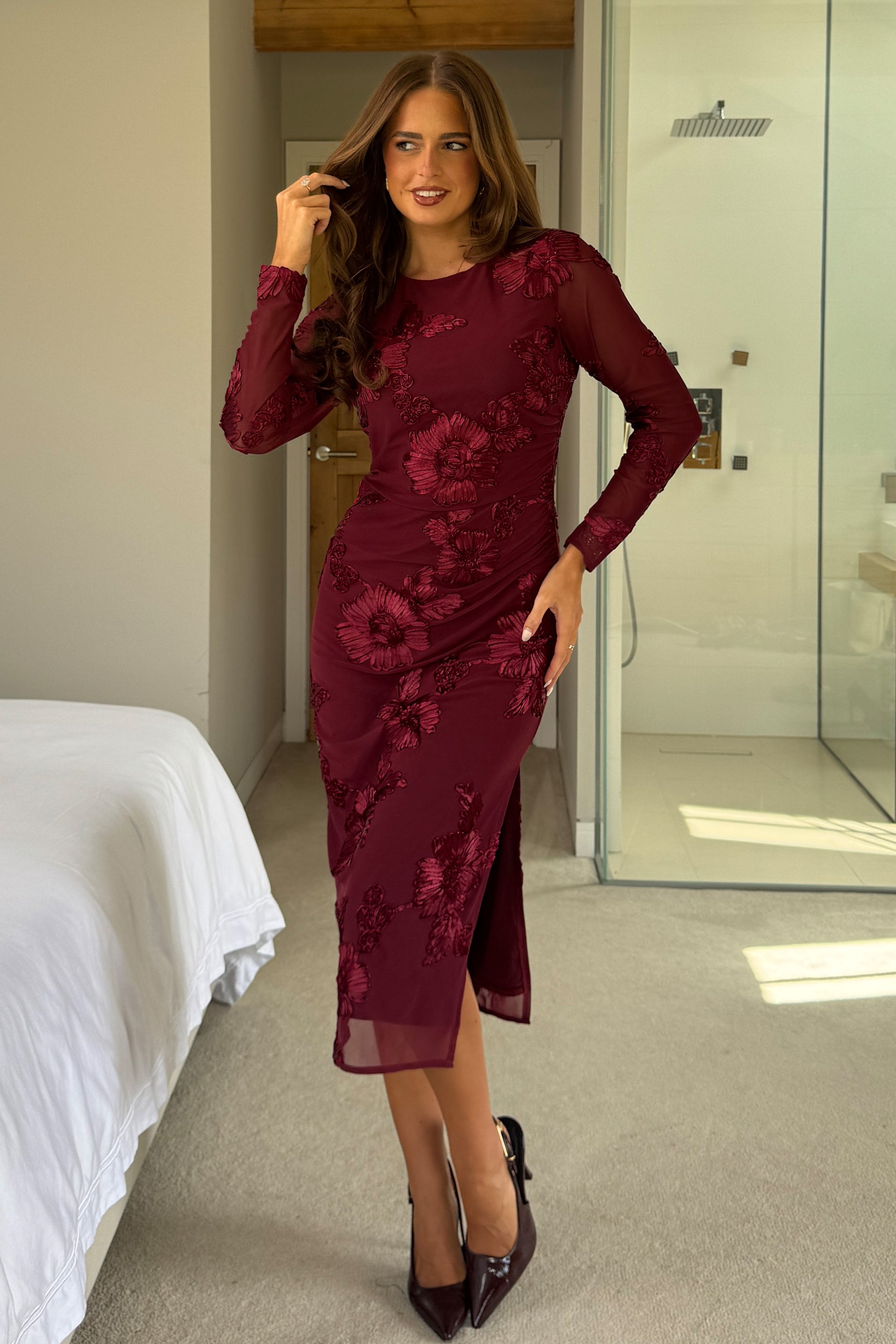 Elodie Floral Embroidered Mesh Bodycon Dress Plum