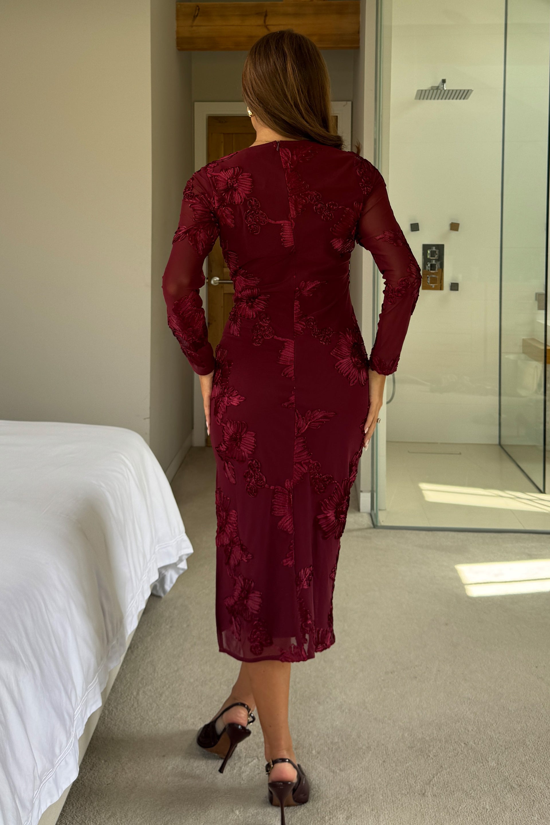 Elodie Floral Embroidered Mesh Bodycon Dress Plum
