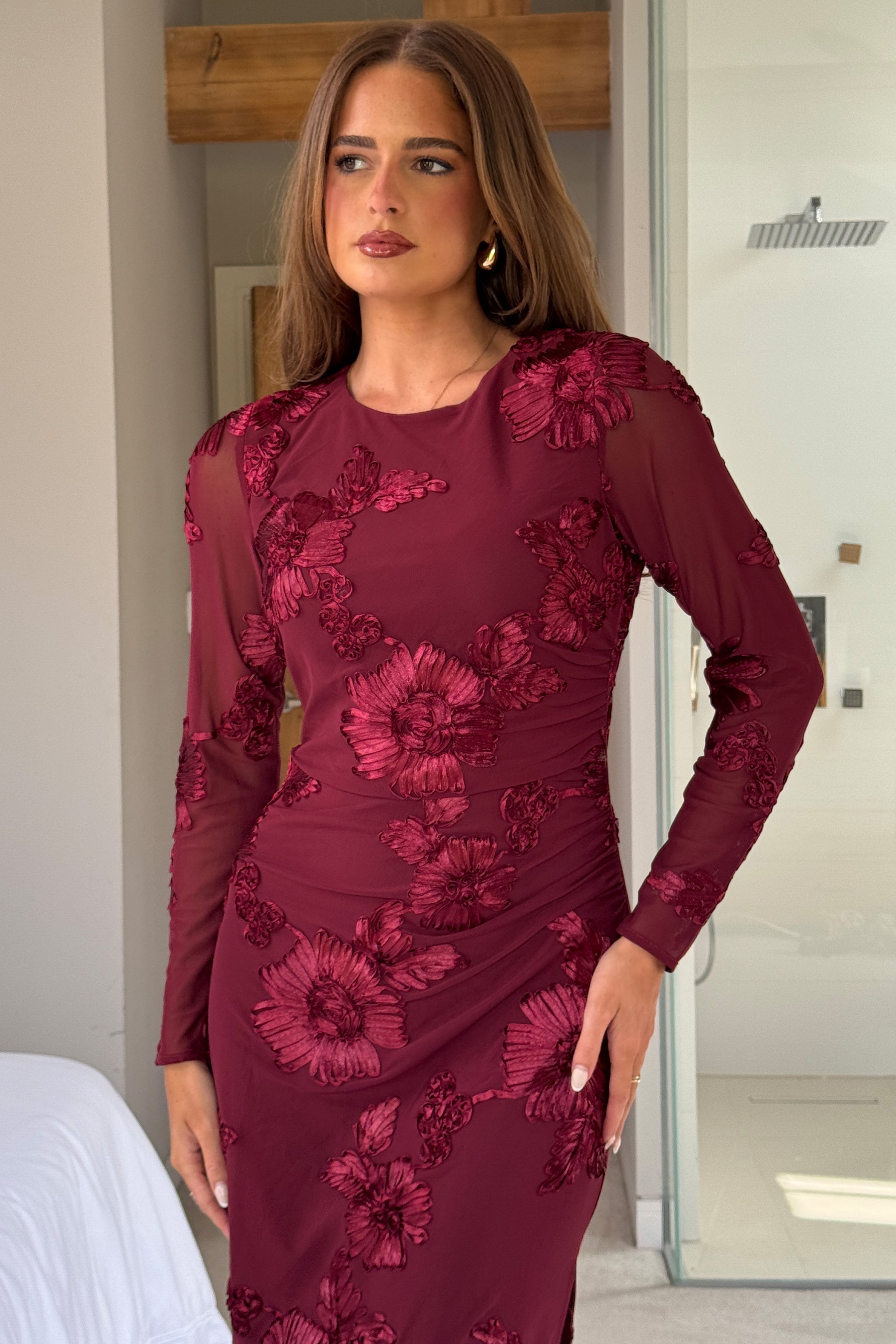 Elodie Floral Embroidered Mesh Bodycon Dress Plum