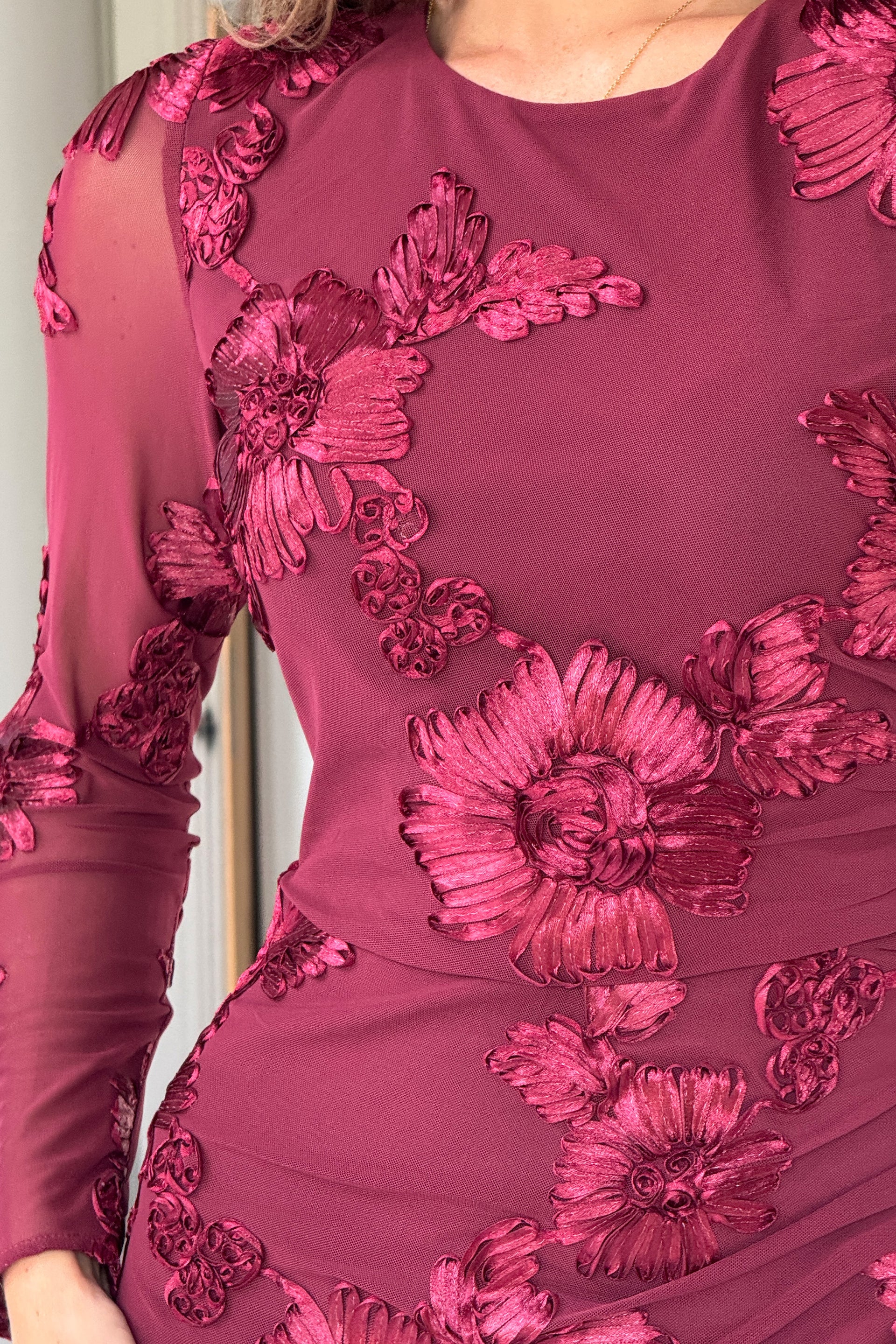Elodie Floral Embroidered Mesh Bodycon Dress Plum