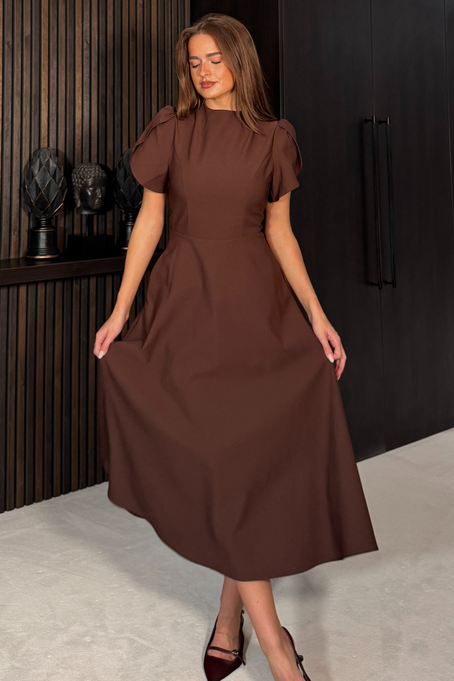 Katisha Tulip Sleeve High Neck Midi Dress Brown