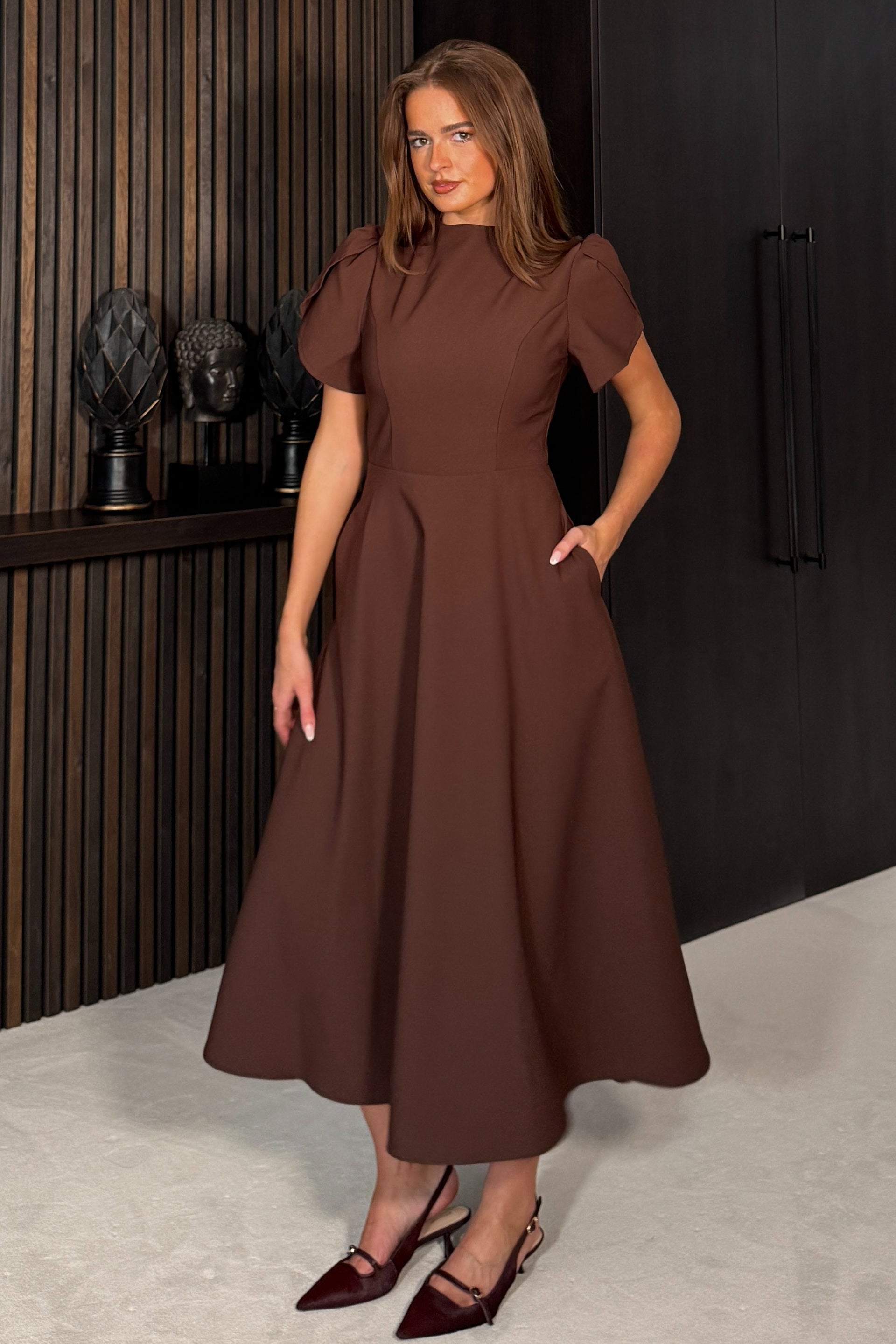 Katisha Tulip Sleeve High Neck Midi Dress Brown