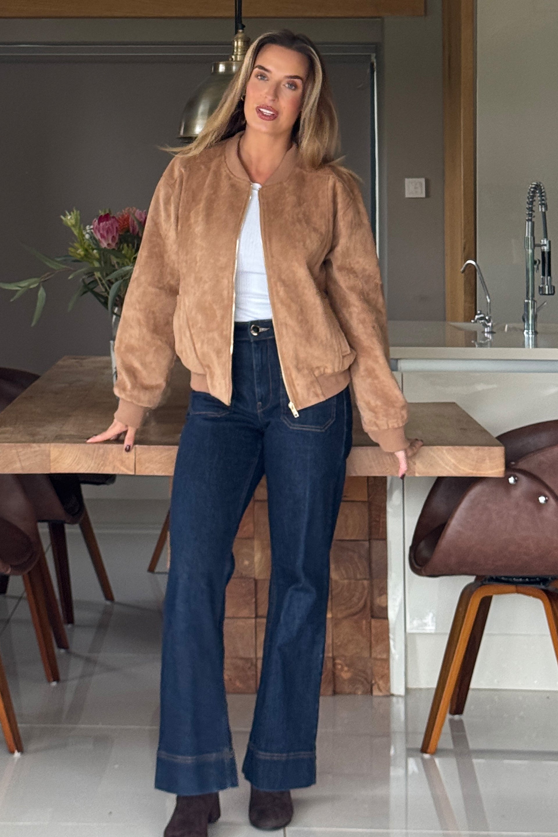 Arwen Suedette Classic Bomber Jacket Stone