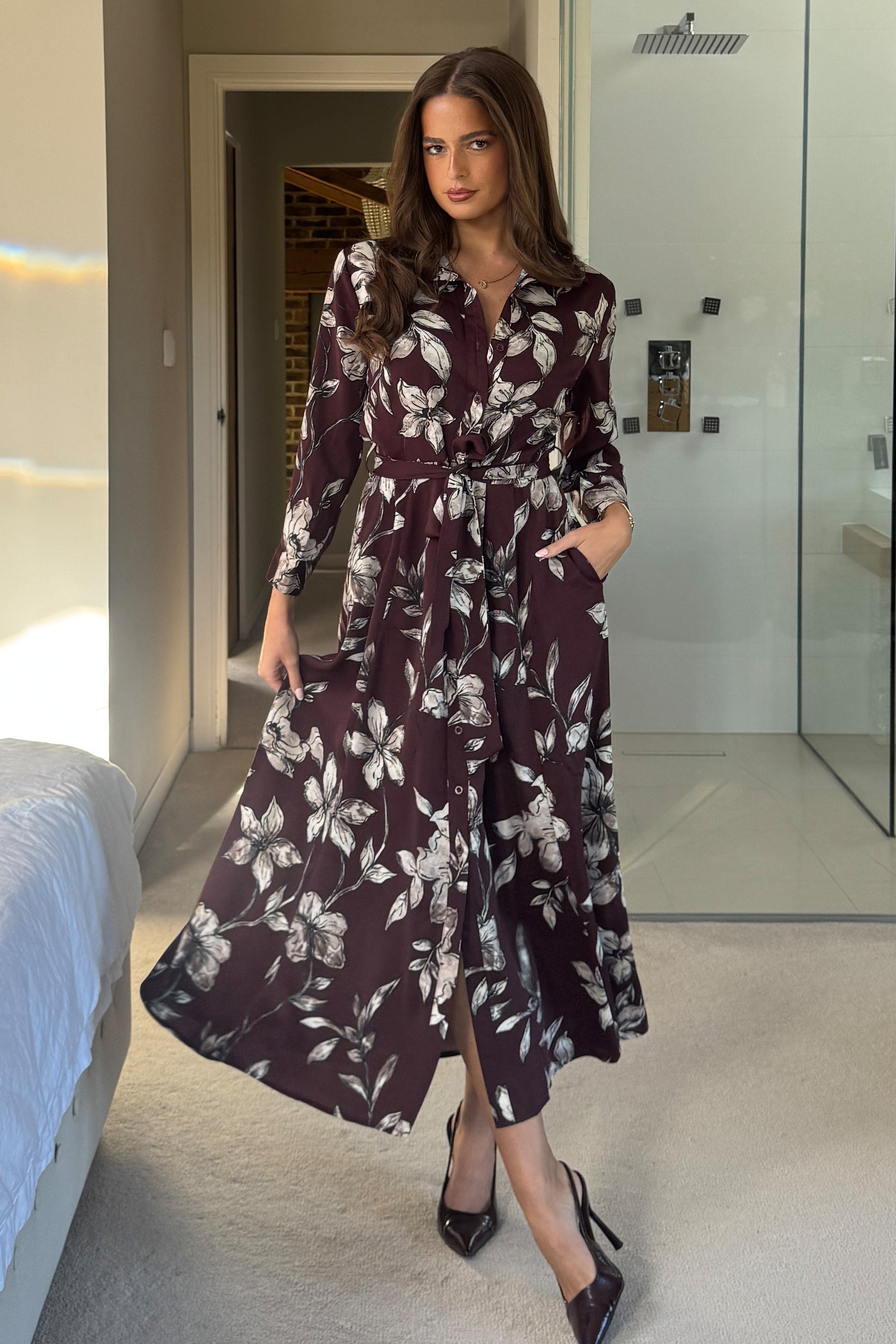 Angela Long Sleeve Maxi Shirt Dress Plum Floral