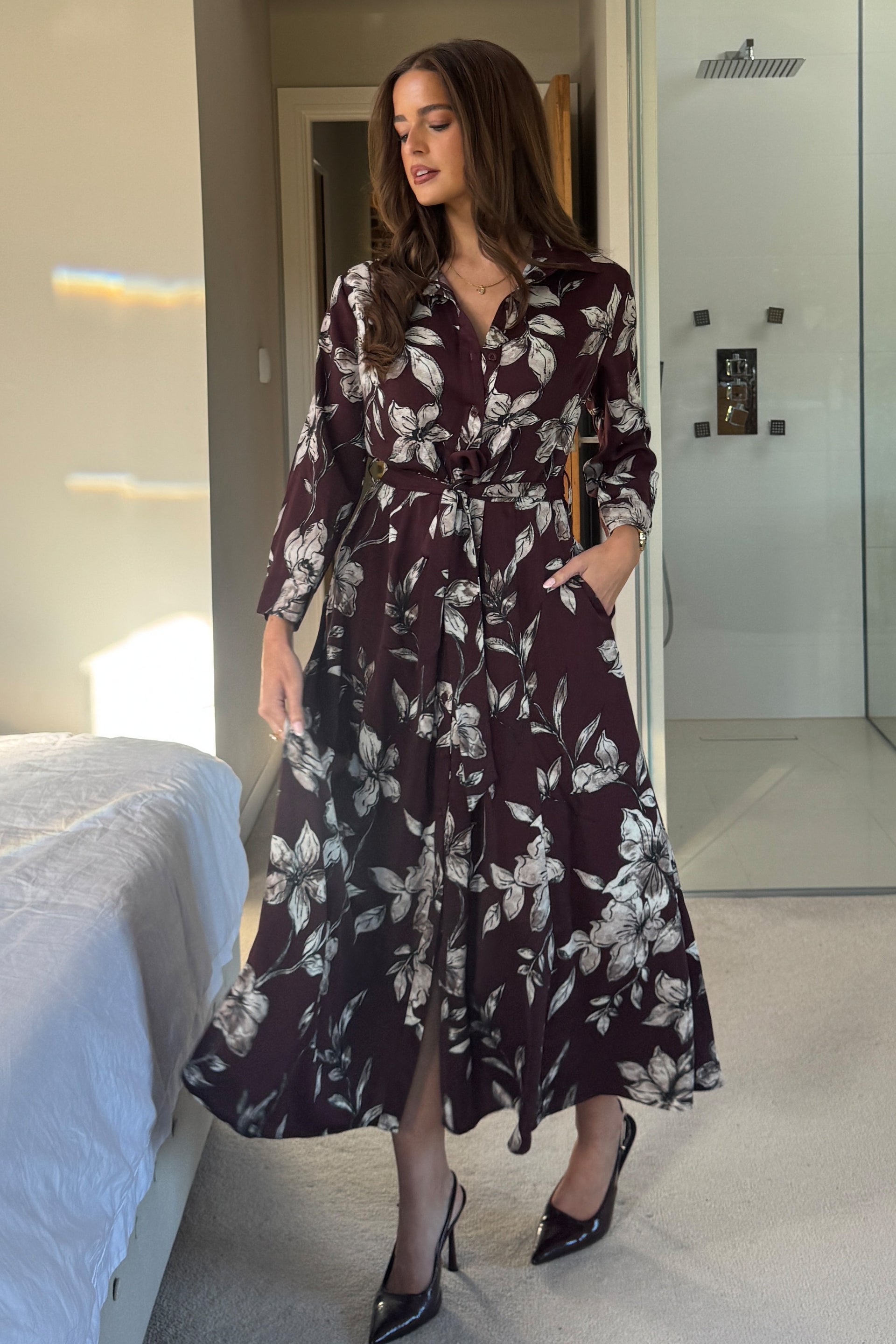 Angela Long Sleeve Maxi Shirt Dress Plum Floral