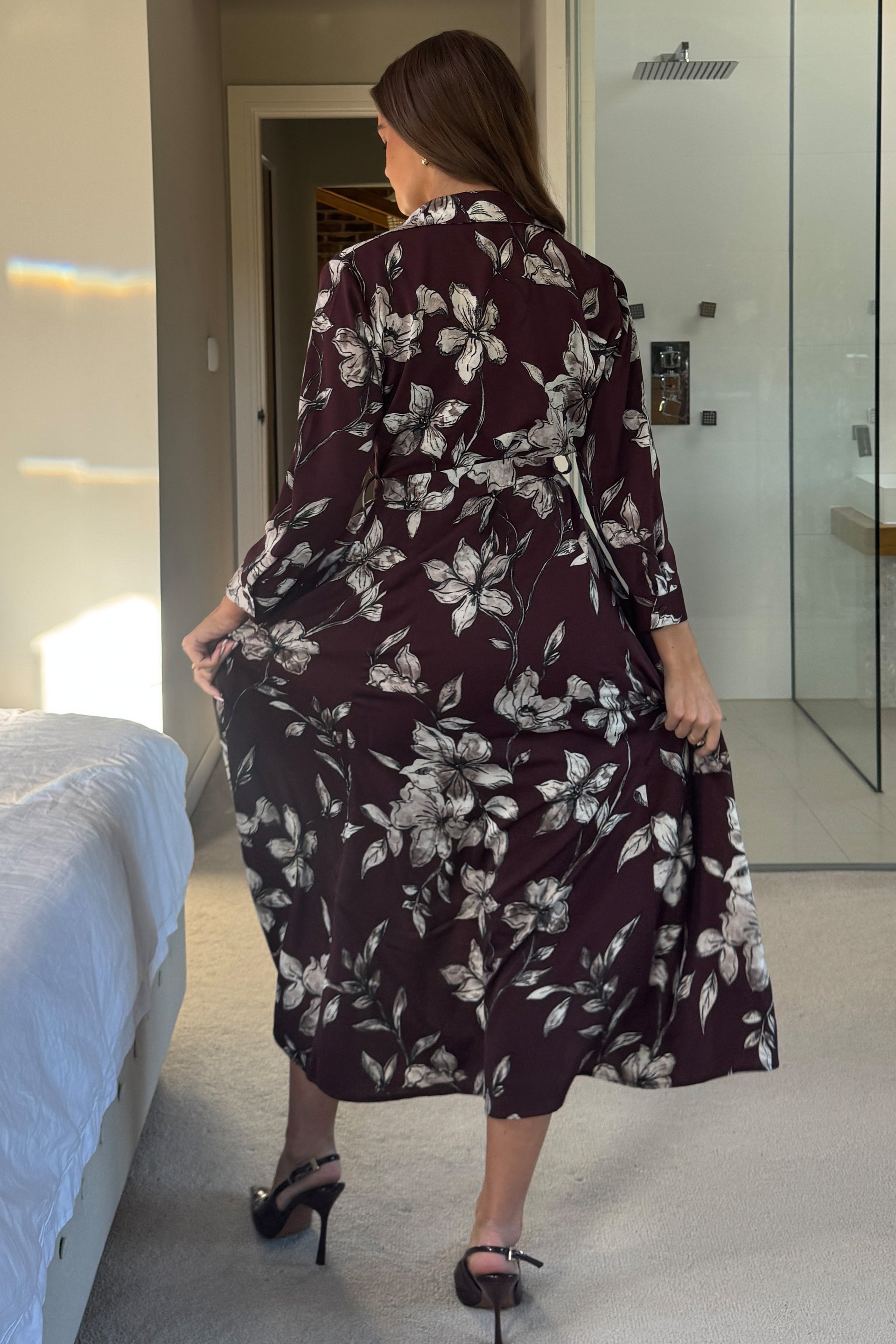 Angela Long Sleeve Maxi Shirt Dress Plum Floral