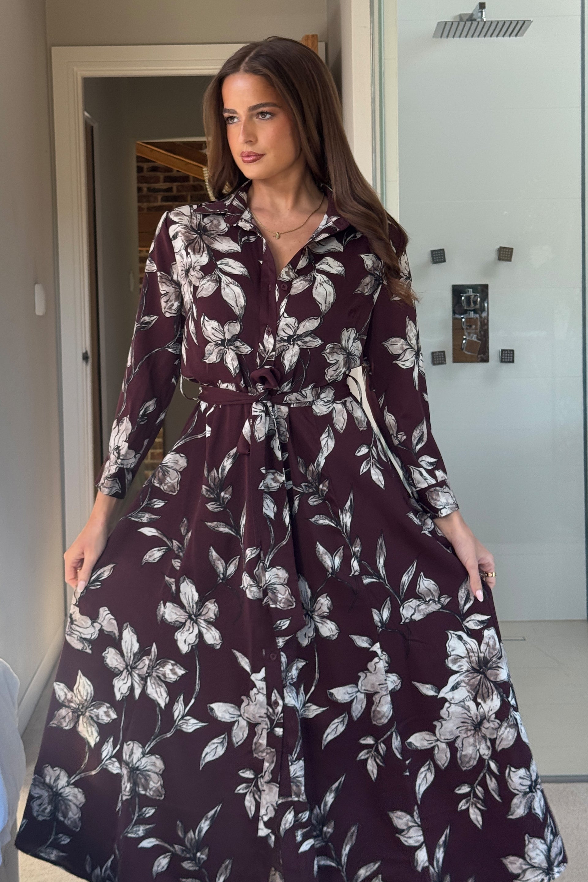 Angela Long Sleeve Maxi Shirt Dress Plum Floral