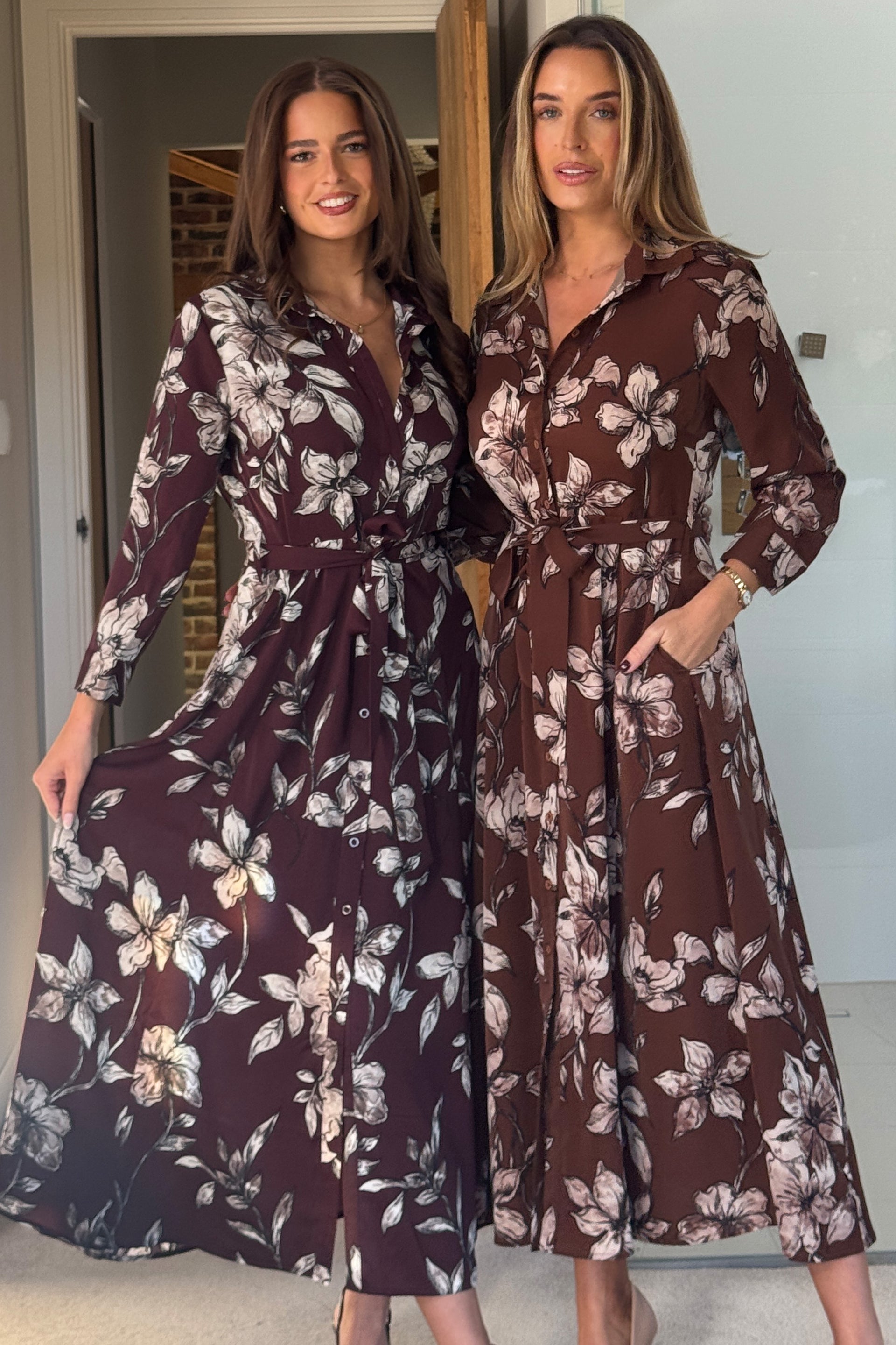 Angela Long Sleeve Maxi Shirt Dress Brown Floral