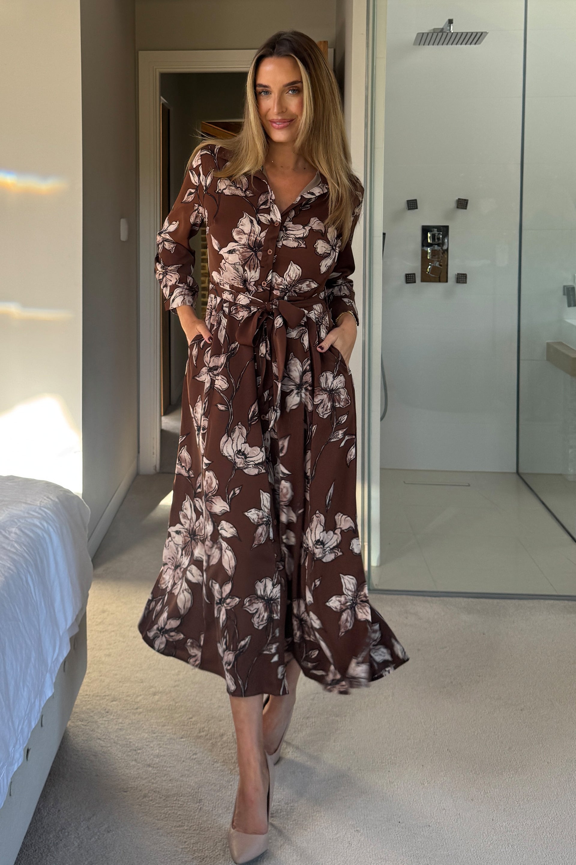 Angela Long Sleeve Maxi Shirt Dress Brown Floral