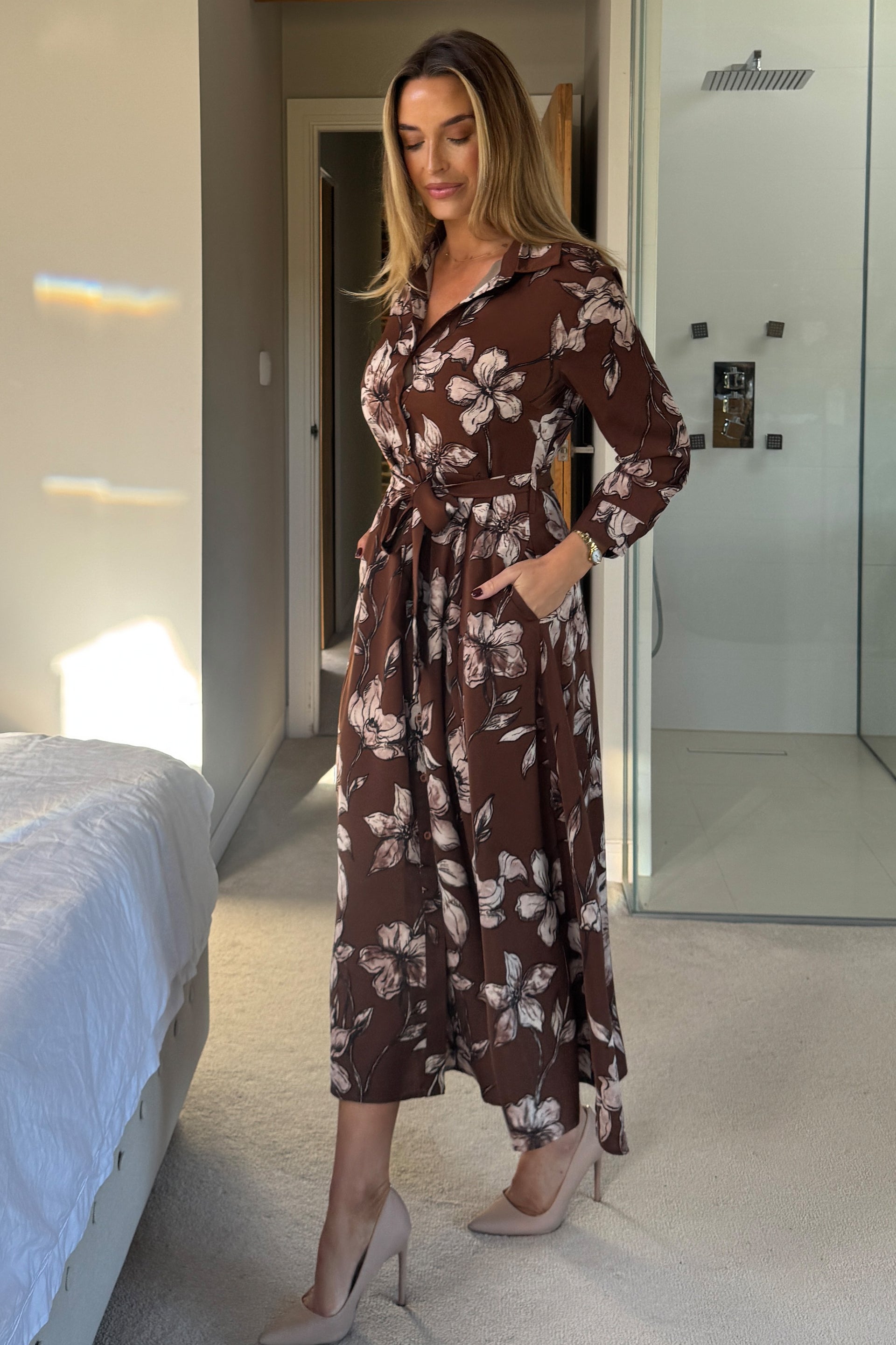 Angela Long Sleeve Maxi Shirt Dress Brown Floral