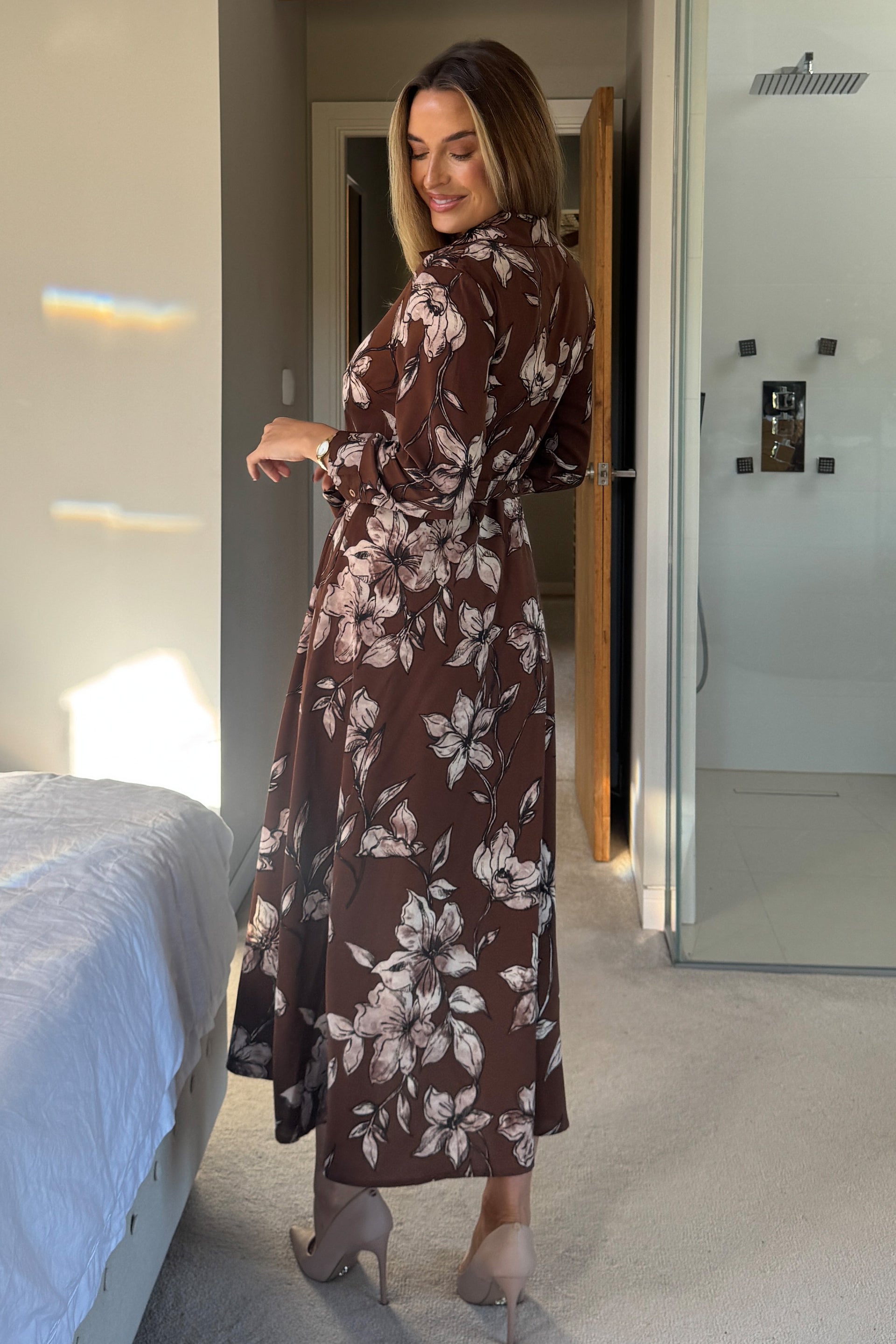 Angela Long Sleeve Maxi Shirt Dress Brown Floral