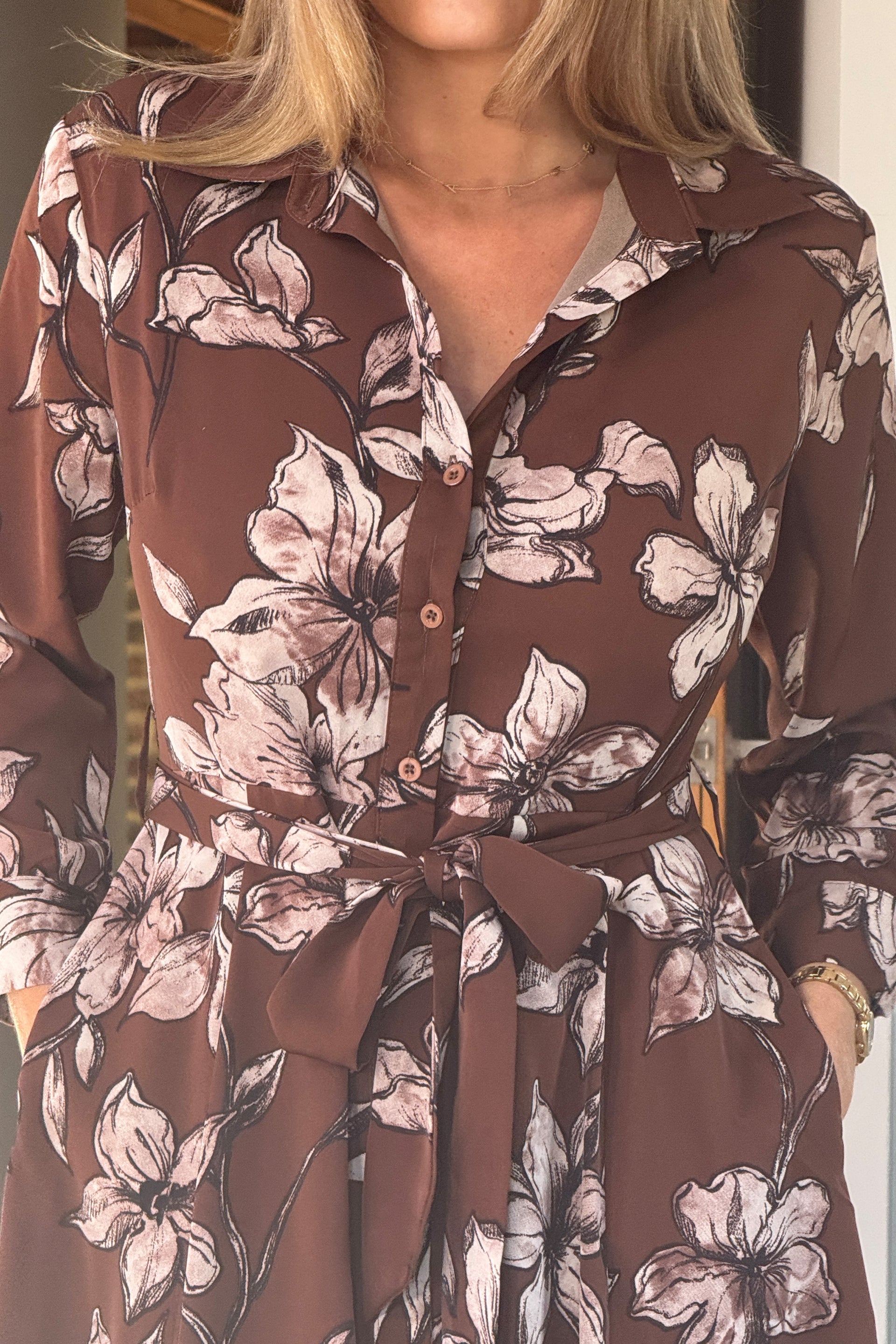 Angela Long Sleeve Maxi Shirt Dress Brown Floral