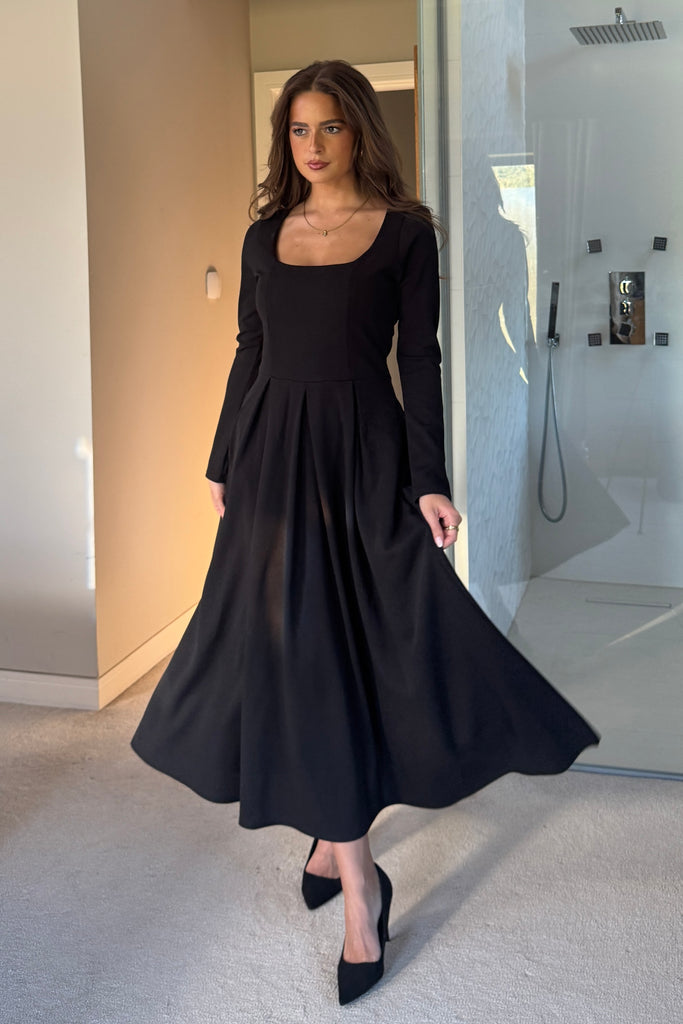 Evie Square Neck Long Sleeve Midi Dress Black – Girl In Mind