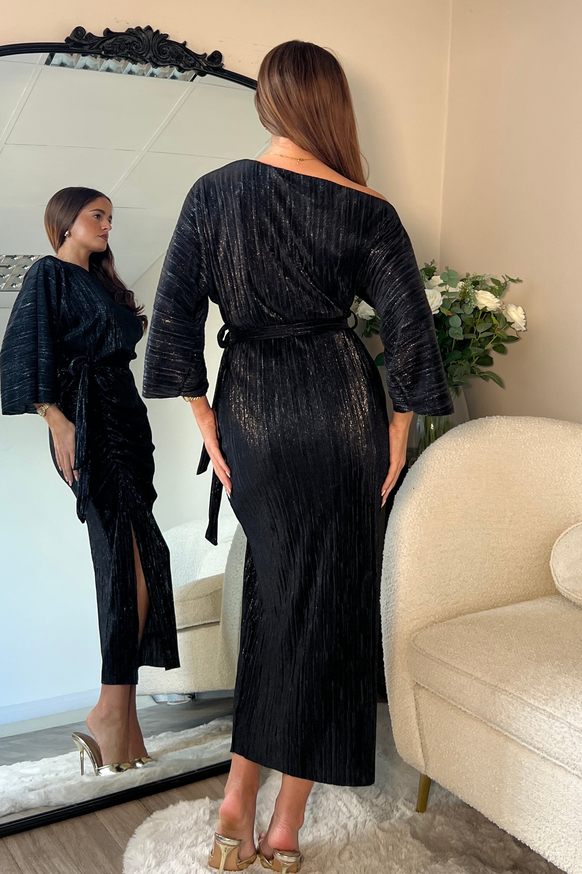 Vendy Off The Shoulder Ruched Detail Midi Dress Metallic Black