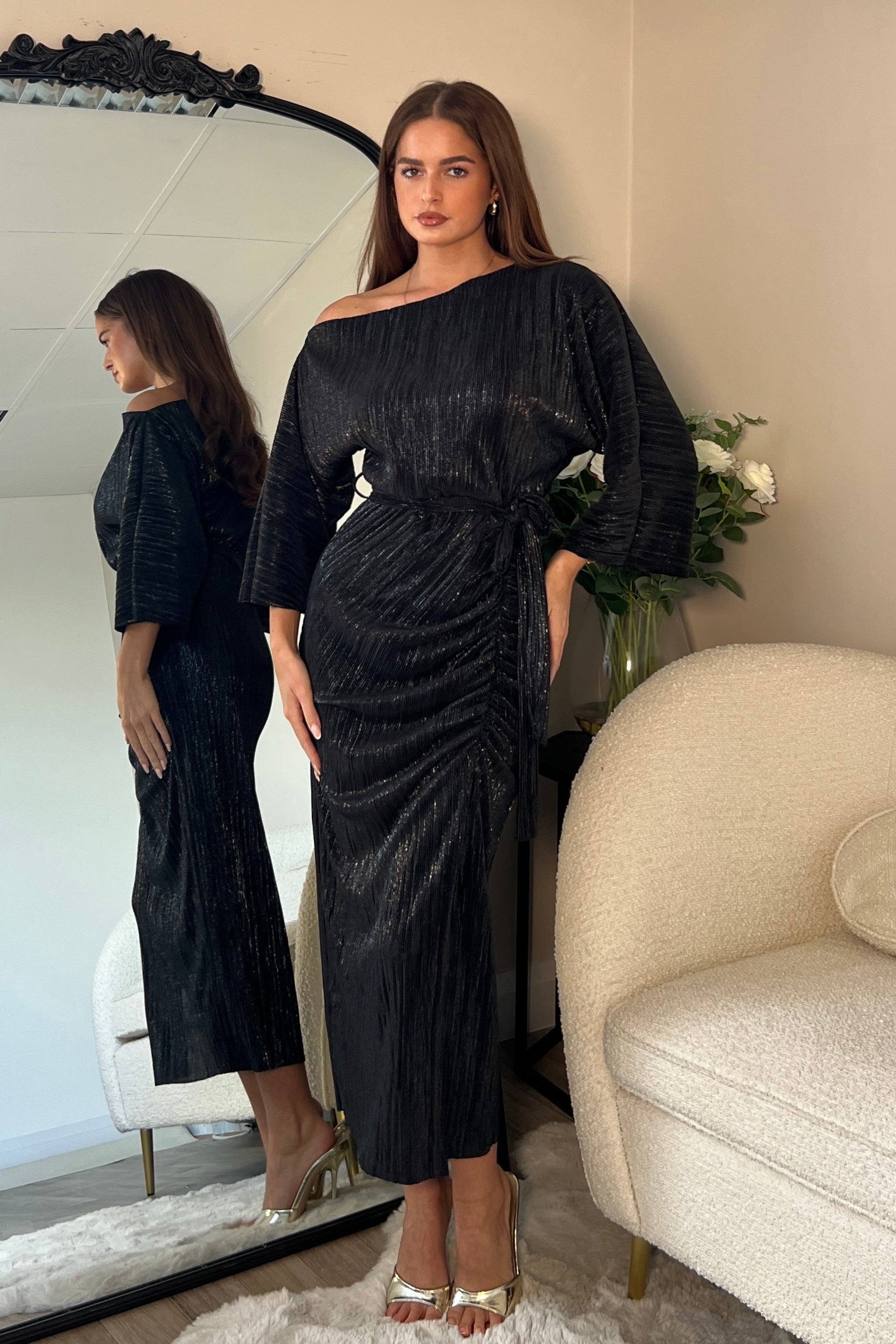 Vendy Off The Shoulder Ruched Detail Midi Dress Metallic Black