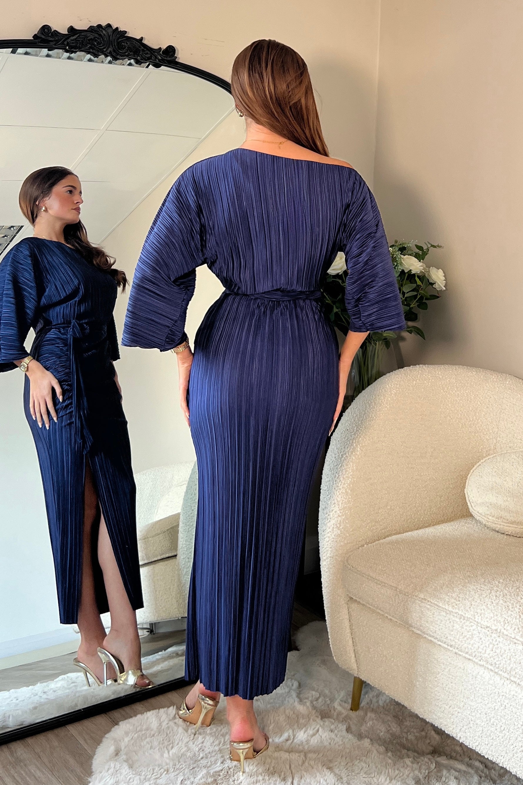 Vendy Off The Shoulder Ruched Detail Midi Dress Navy