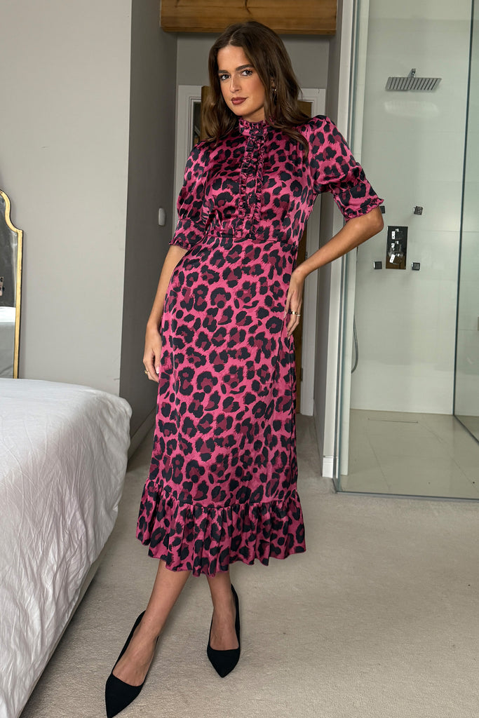 Kirsty Ruffle Hem Midi Dress Pink Leopard – Girl In Mind