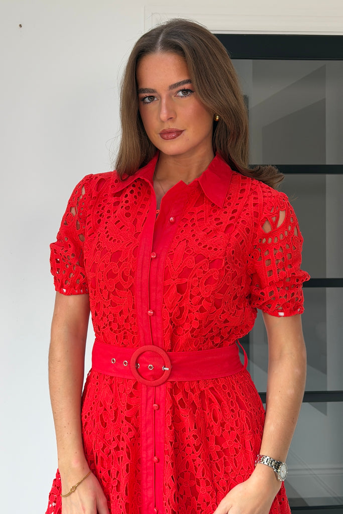 Meadow Short Sleeve Midi Dress Red  Girl In Mind