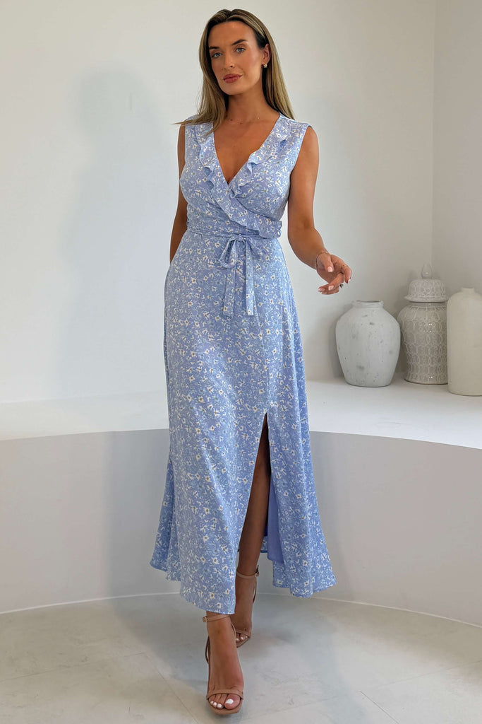 blue floral asymmetric frill split maxi dress Kiki – Girl In Mind Vila asymmetric