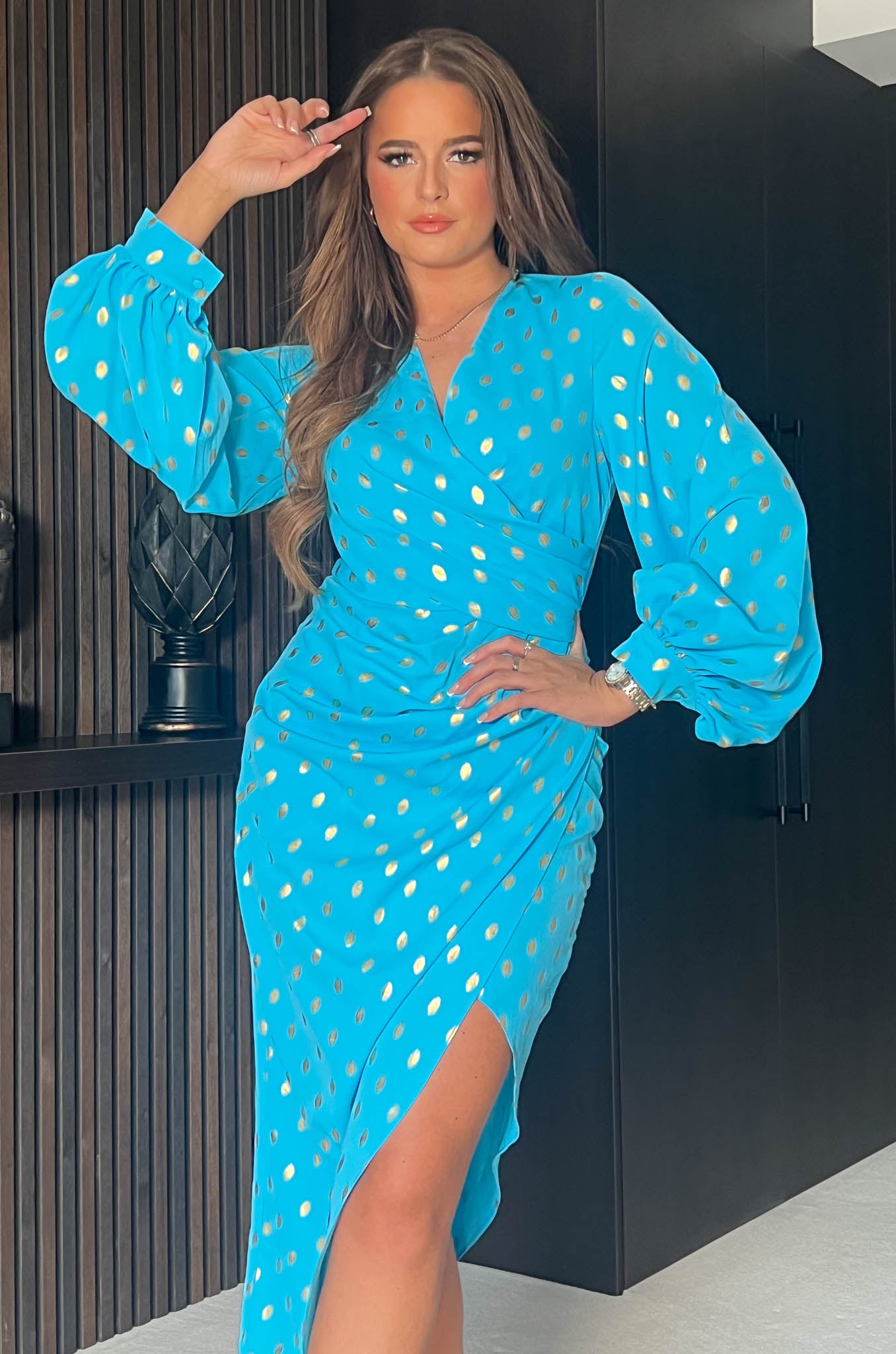 Elsa Blue & Gold Foil Long Sleeve Wrap Asymmetric Midi Dress