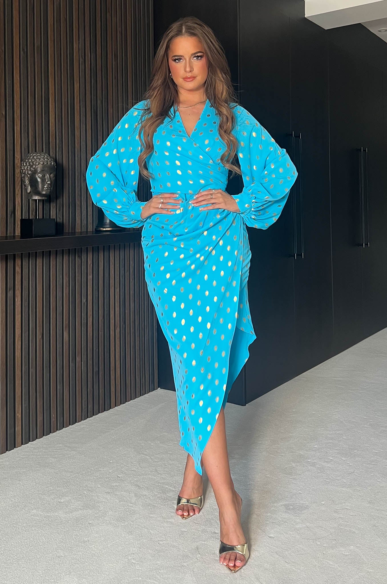 Elsa Blue & Gold Foil Long Sleeve Wrap Asymmetric Midi Dress