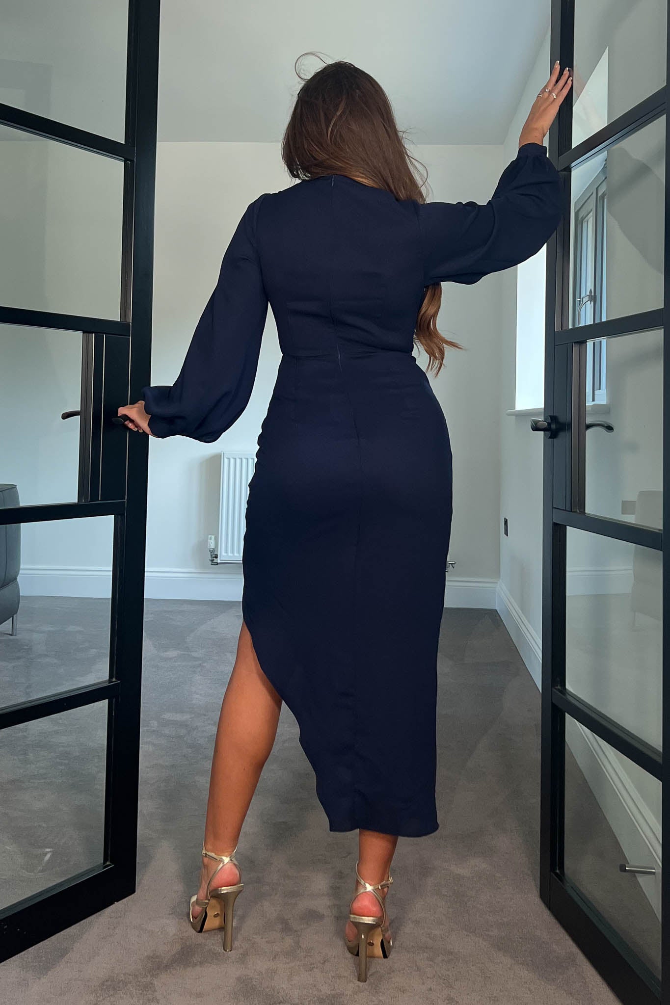 Elsa Navy Long Sleeve Wrap Asymmetric Dress