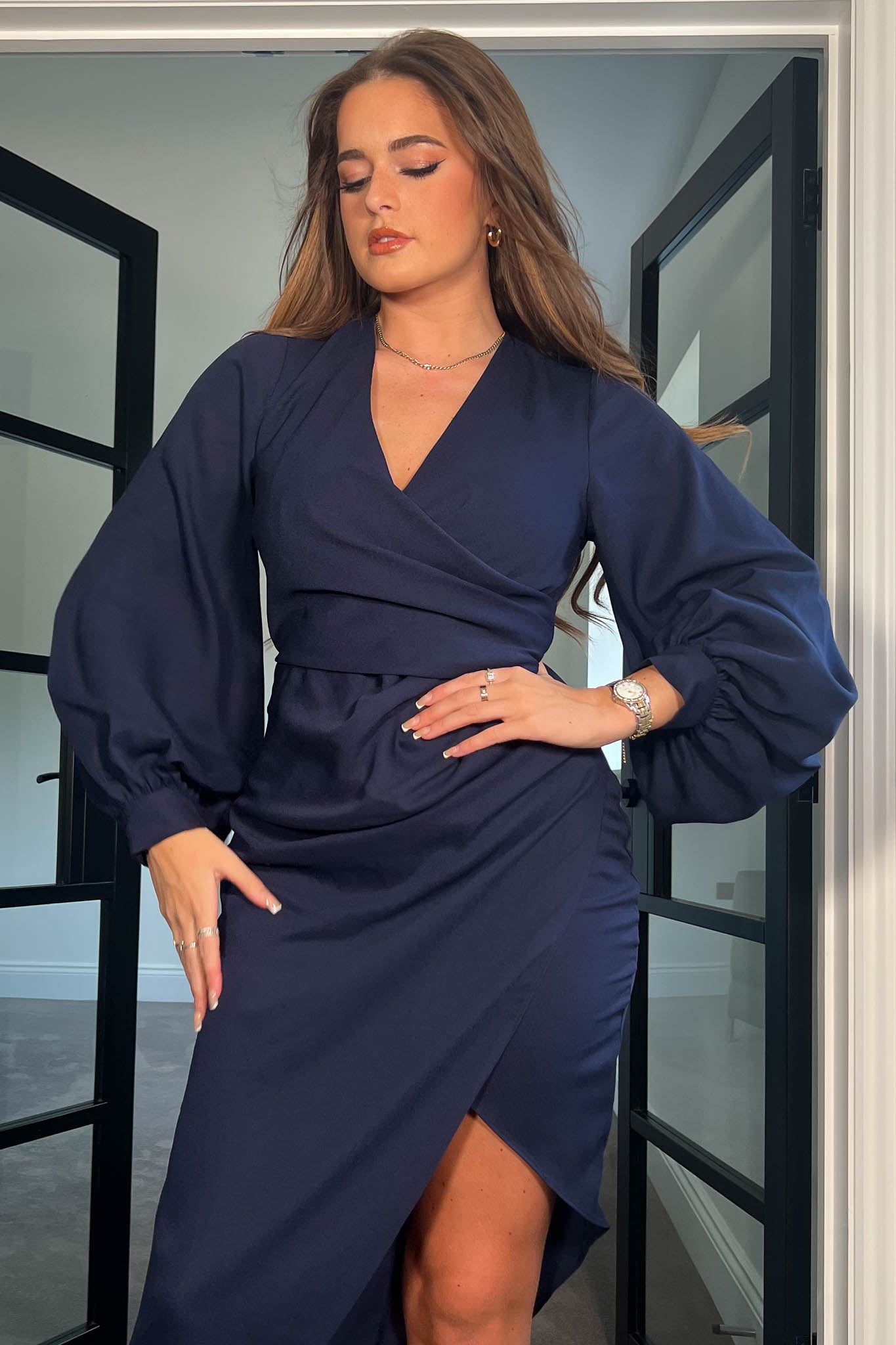 Elsa Navy Long Sleeve Wrap Asymmetric Dress