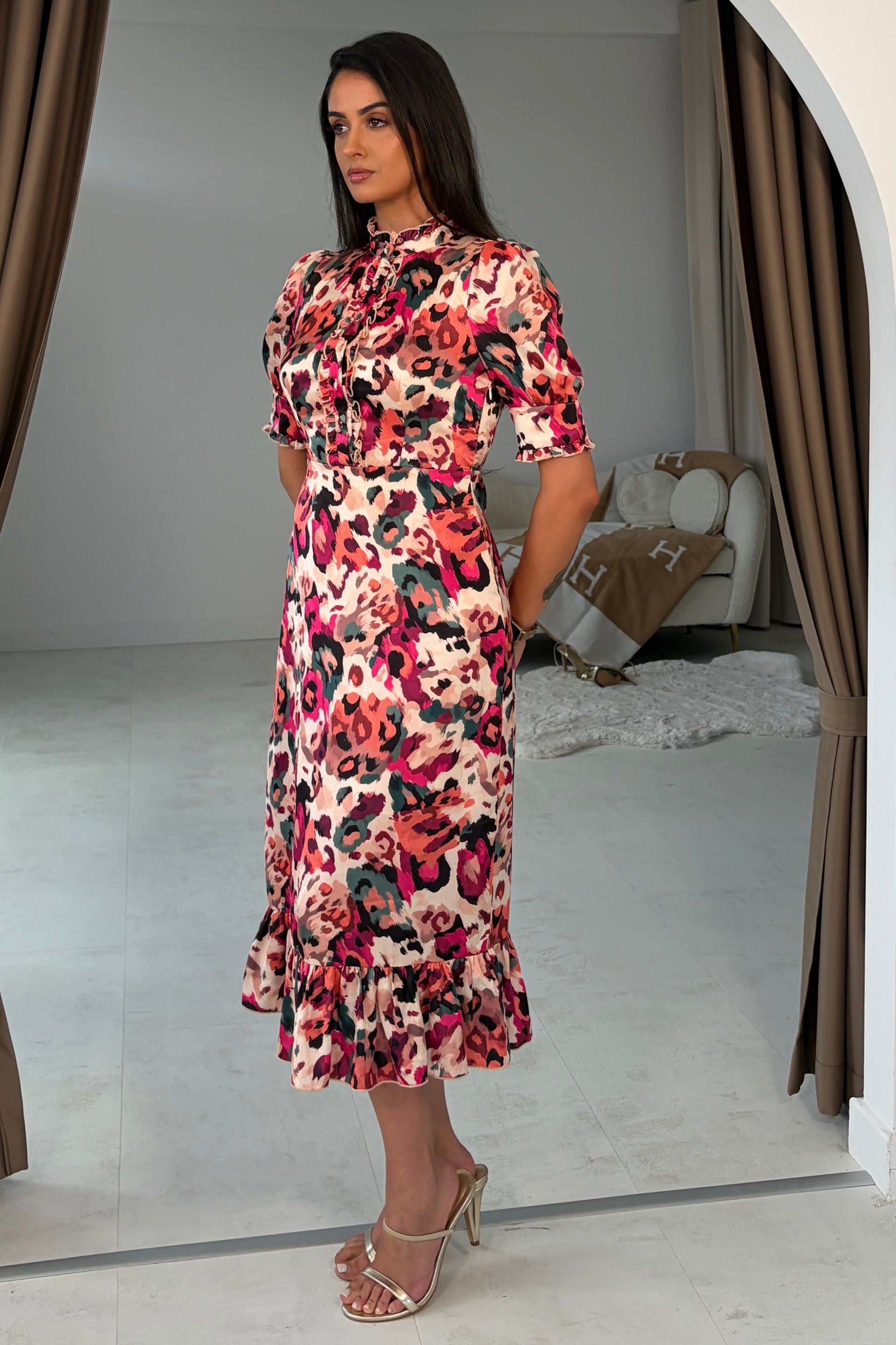 Kirsty Ruffle Hem Midi Dress Pink Leopard