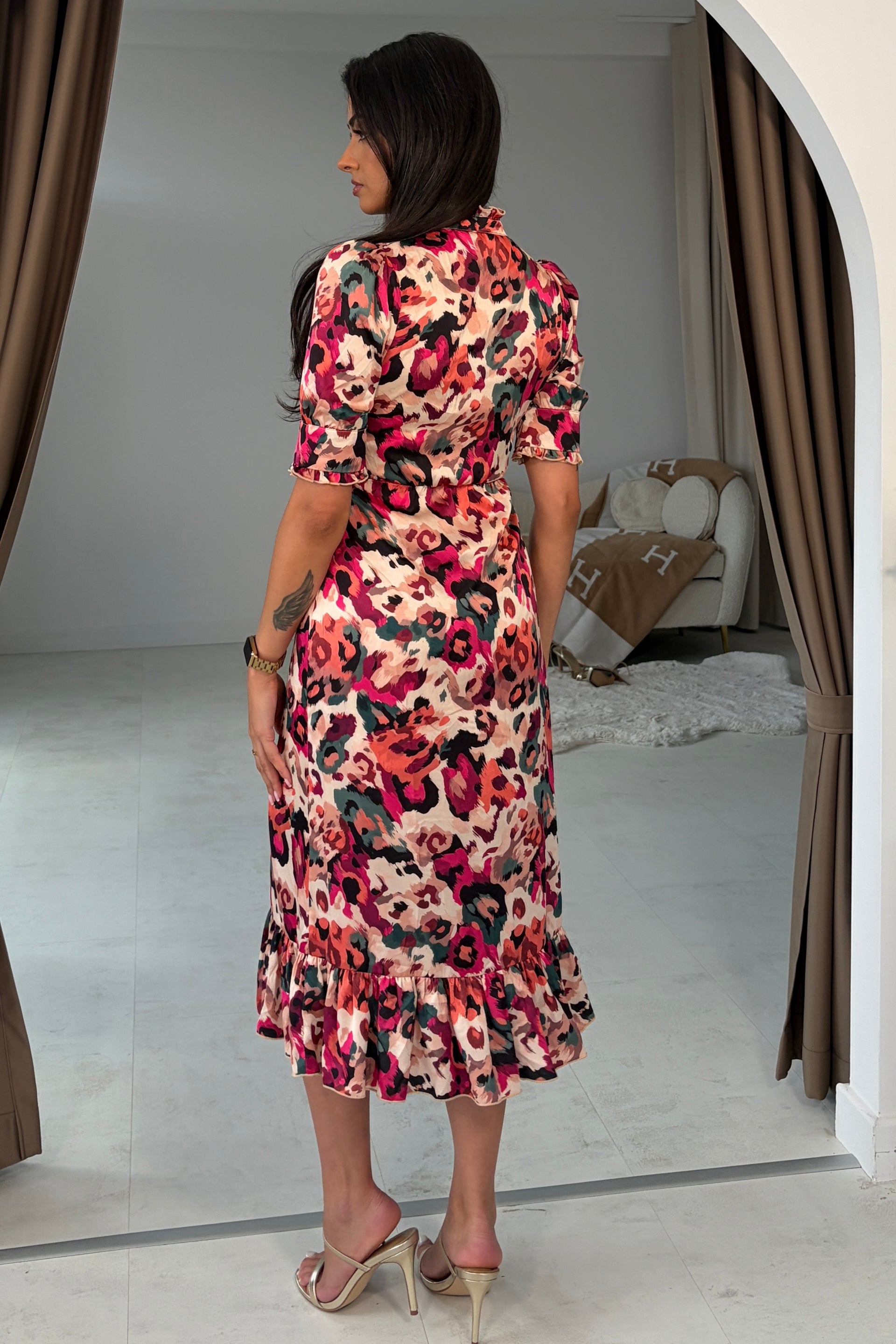 Kirsty Ruffle Hem Midi Dress Pink Leopard