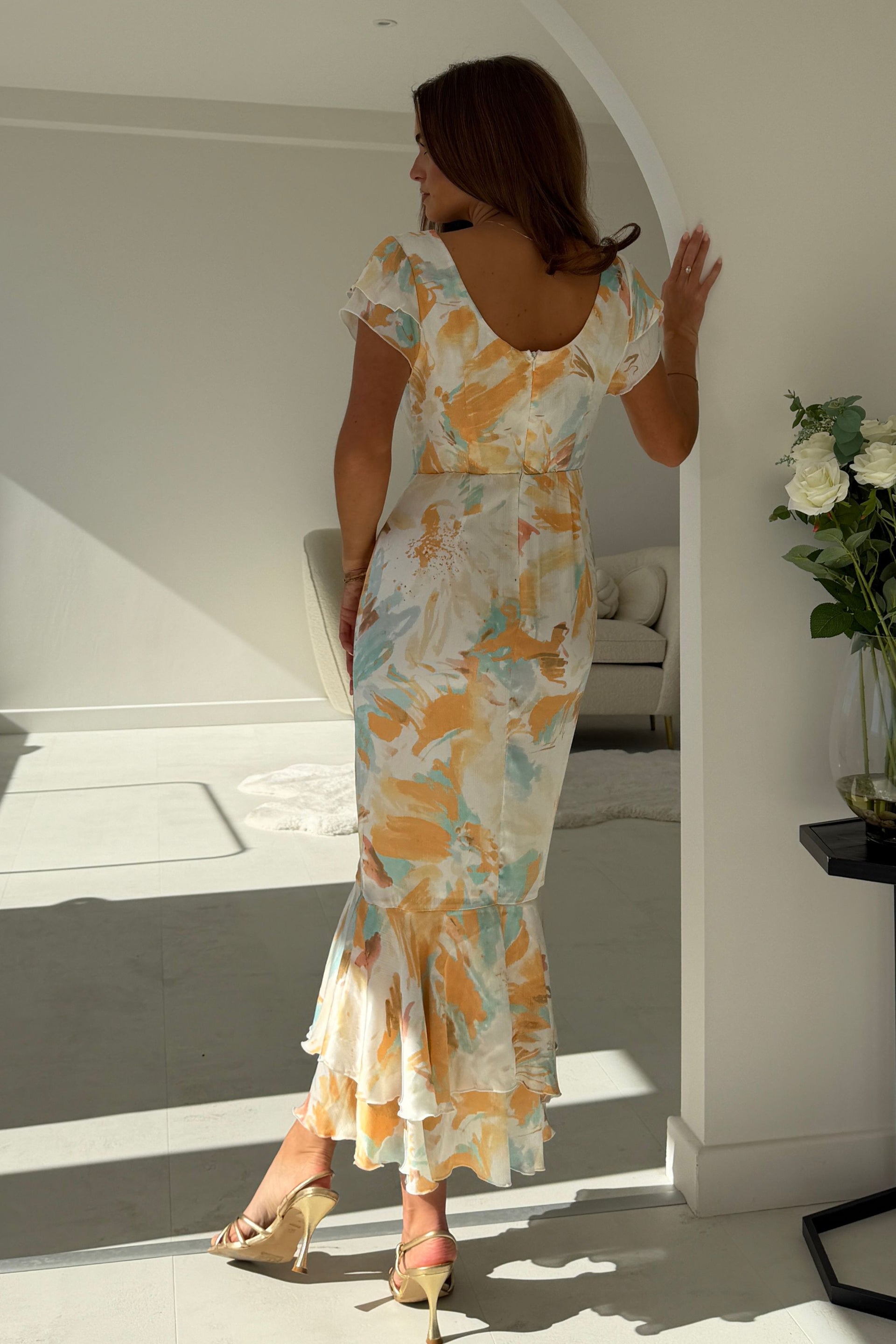 Roxy Boat Neck Frill Midi Abstract Print