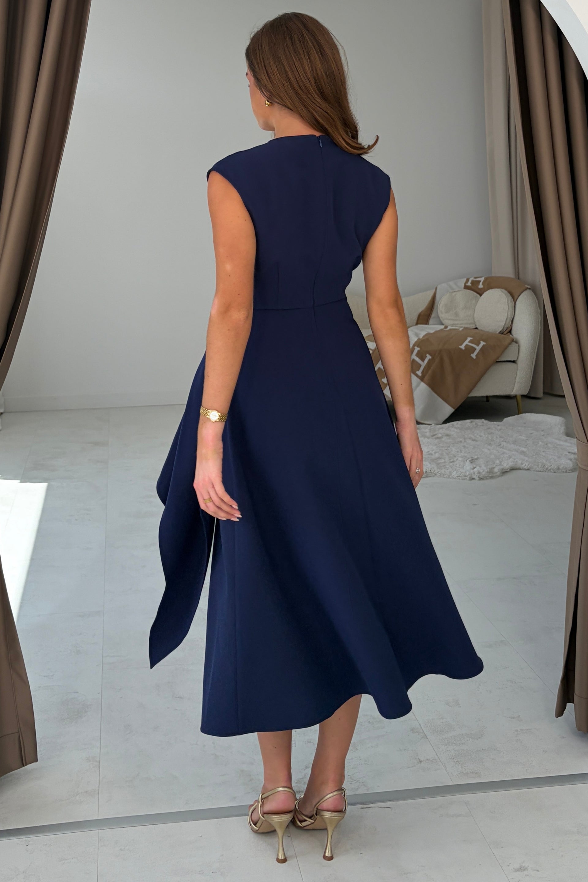 Annette Wrap Buckle Detail Midi Dress Navy