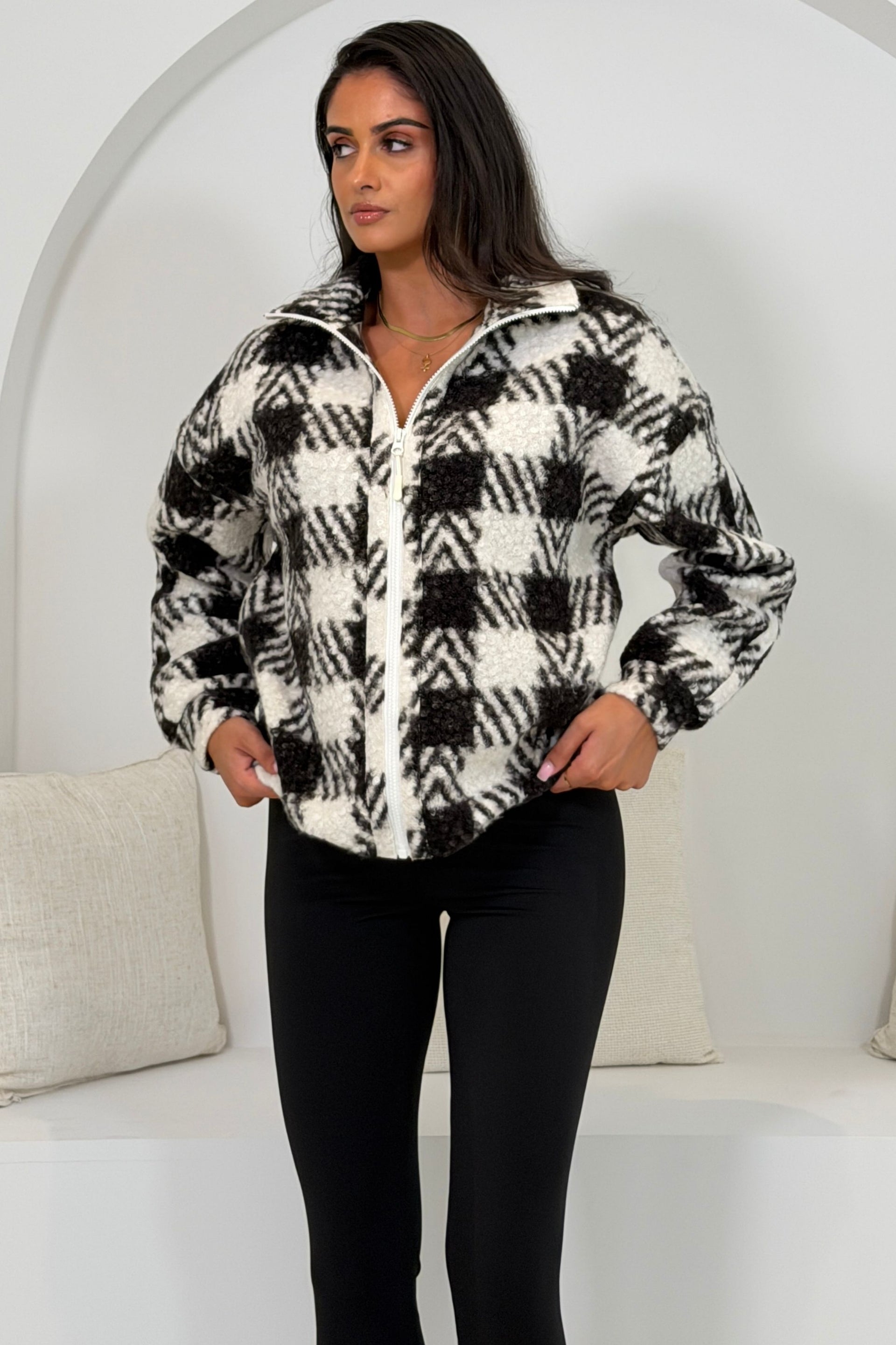 Tessa Full Zip Check Print Fleece Black