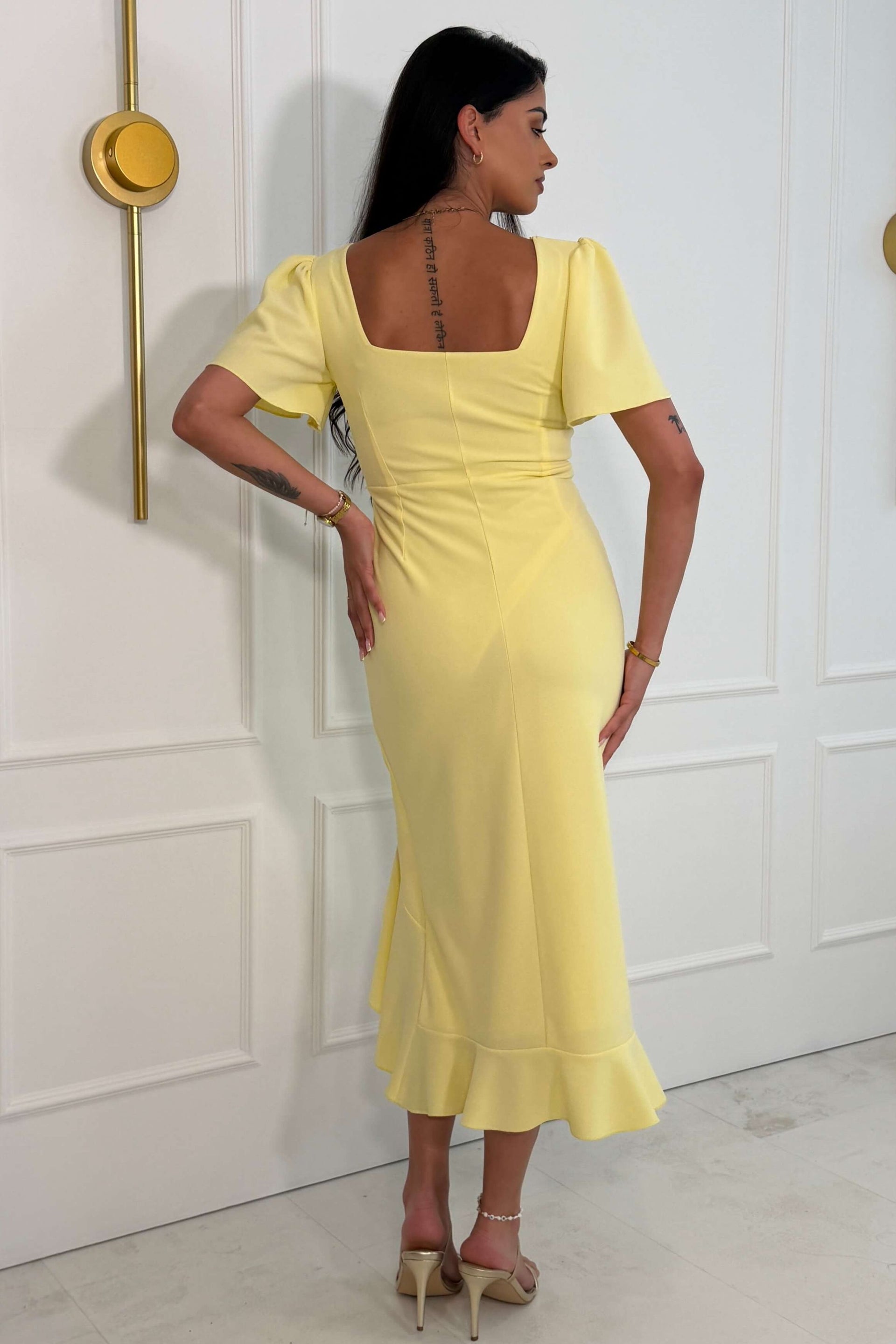 Darcie Flaired Sleeve Frill Midi Dress Yellow