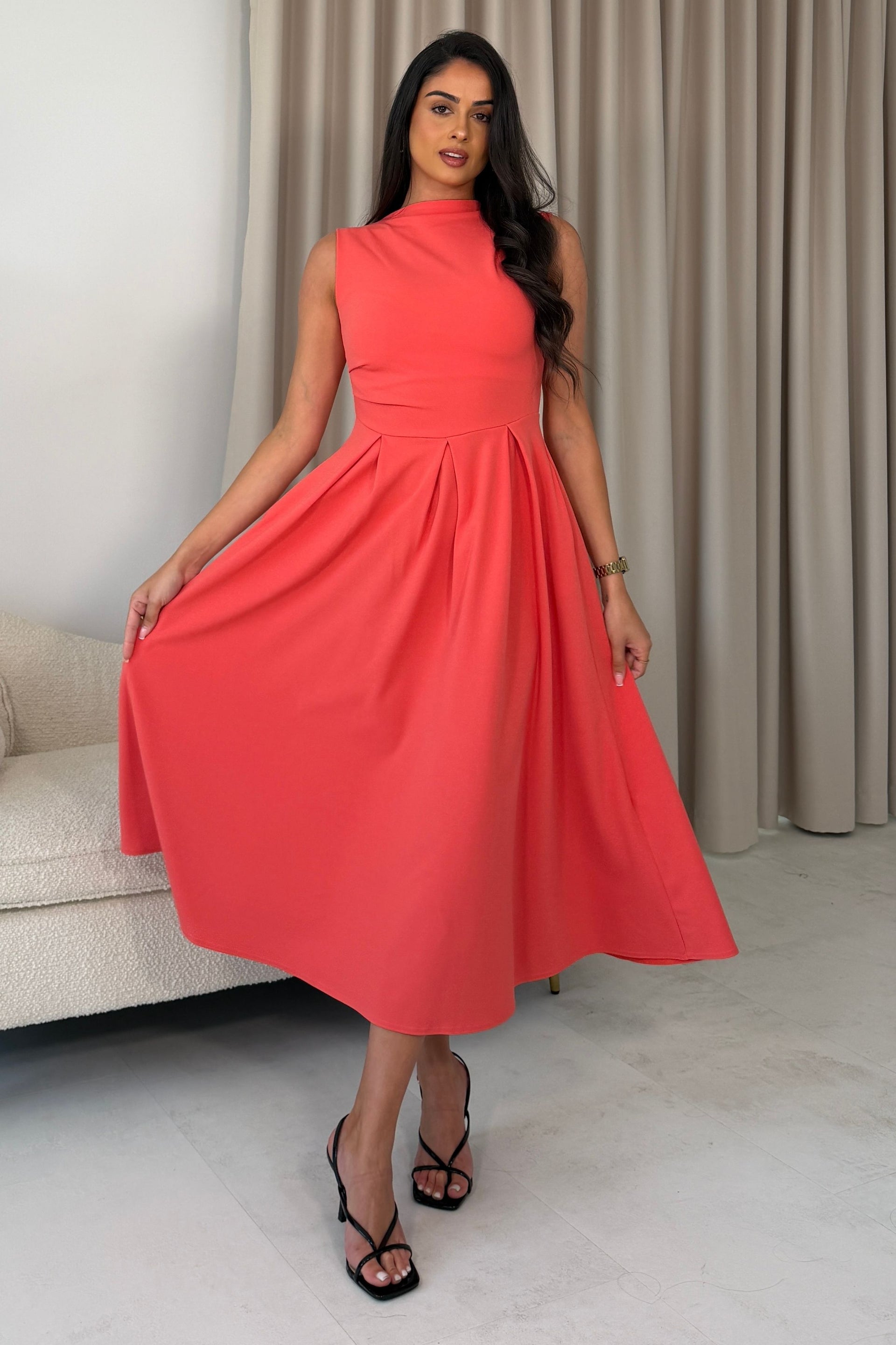 Romy Pleated Neck Midi Dress Coral