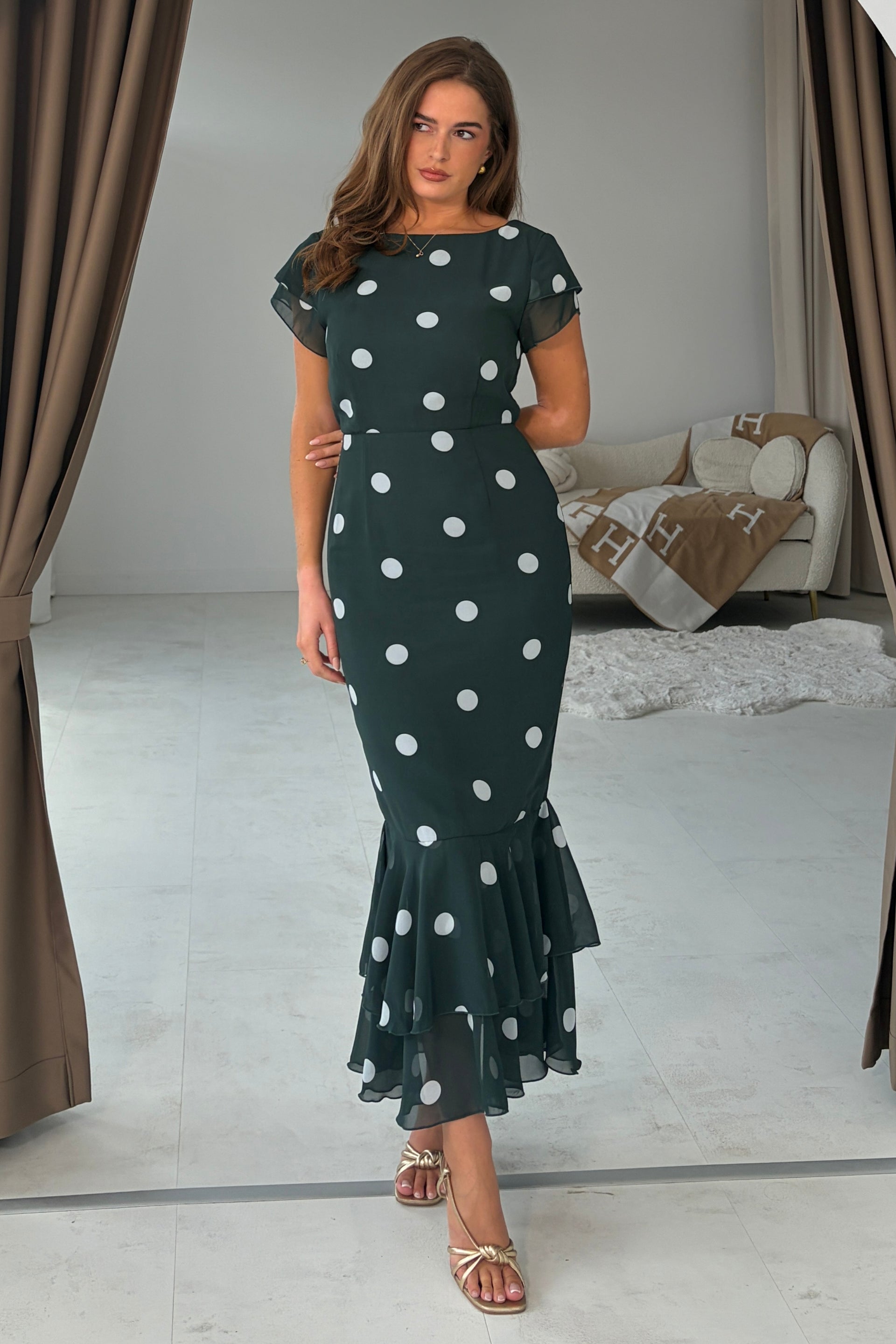 Roxy Boat Neck Frill Midi Green  Spot