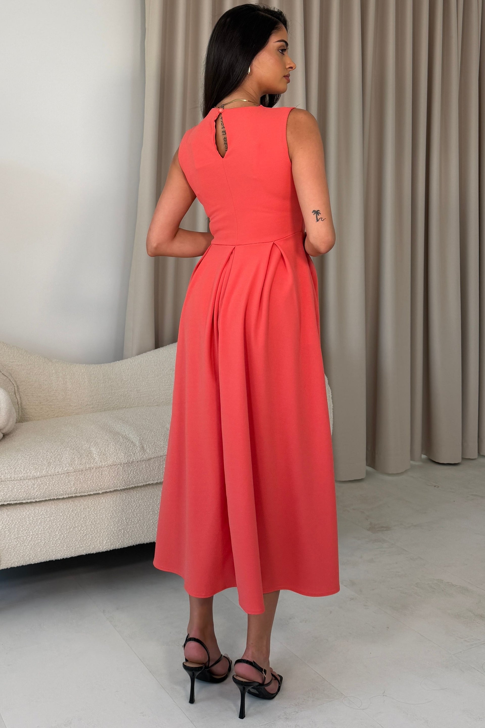 Romy Pleated Neck Midi Dress Coral