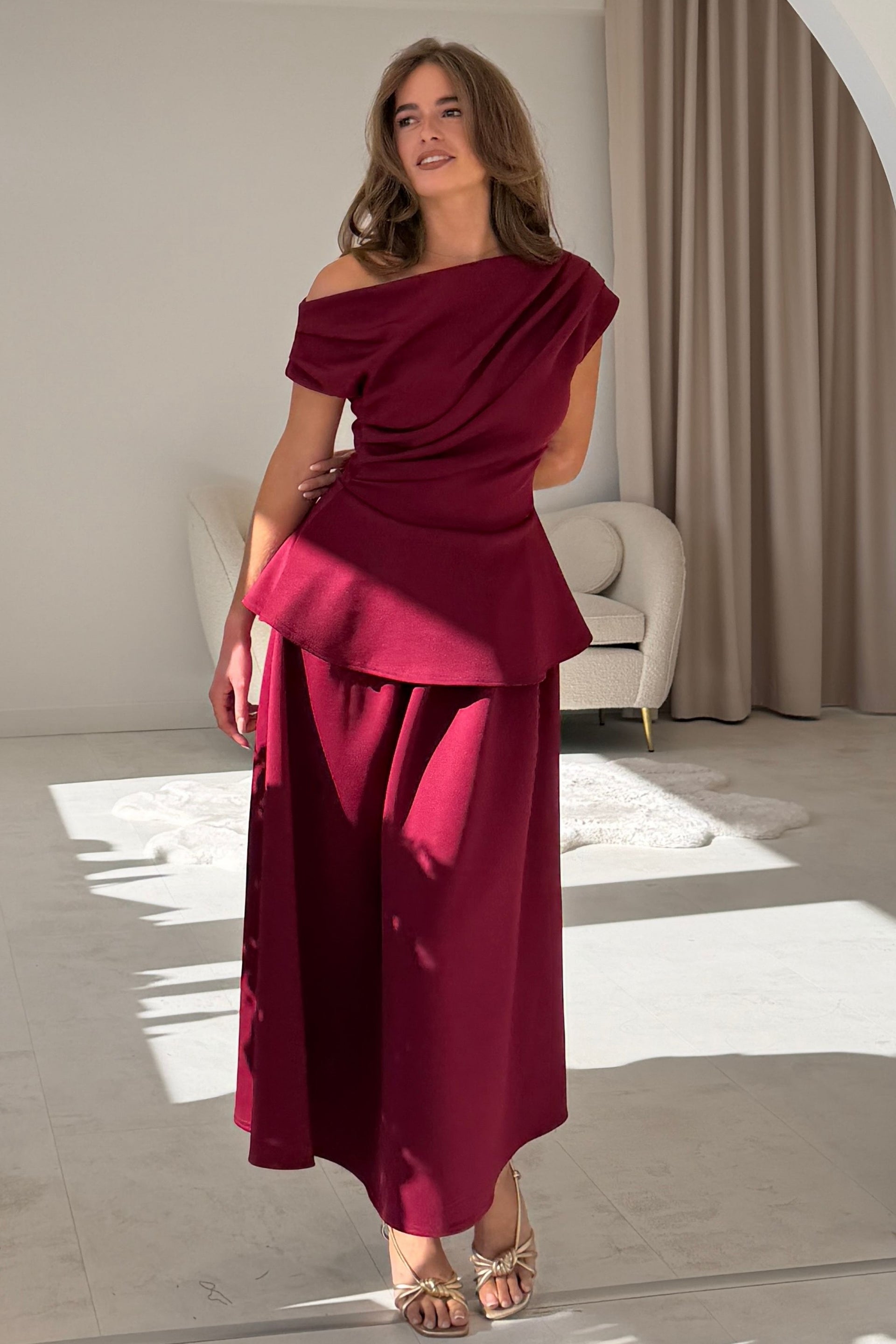 Connie Peplum Midi Dress Burgundy