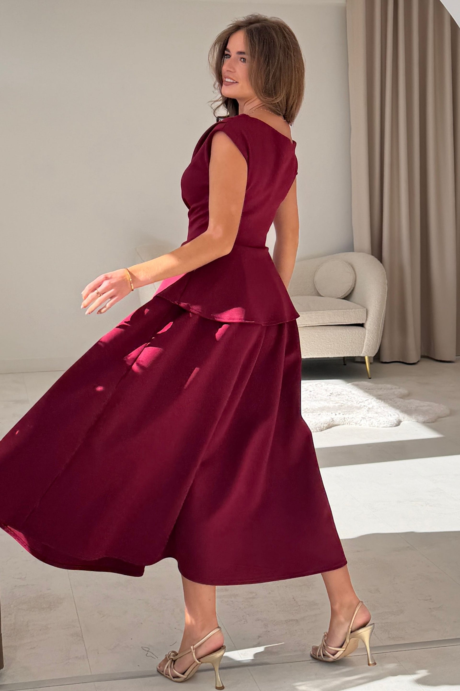 Connie Peplum Midi Dress Burgundy