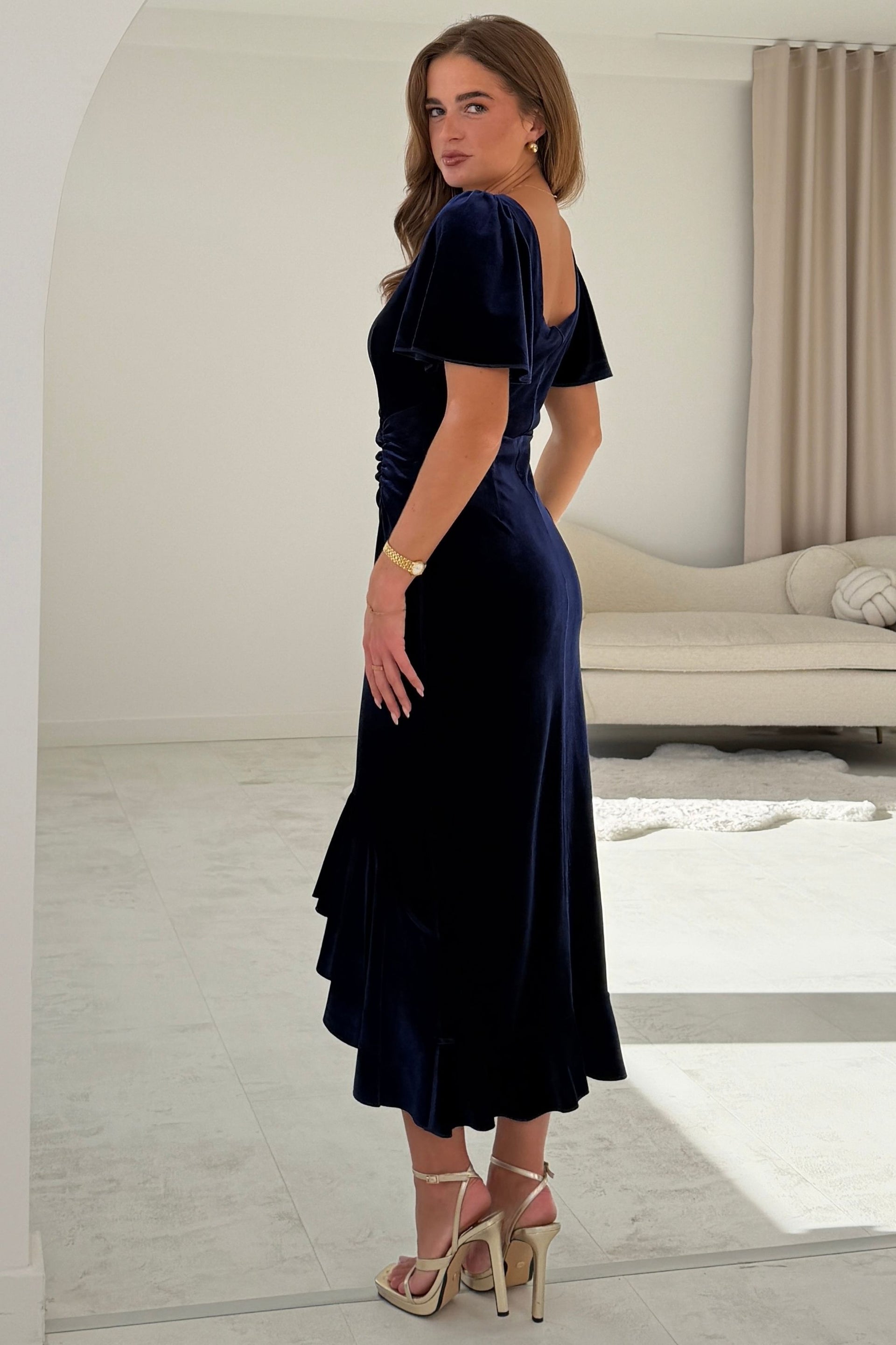 Leona Square Neck Frill Midi Dress Navy Velvet